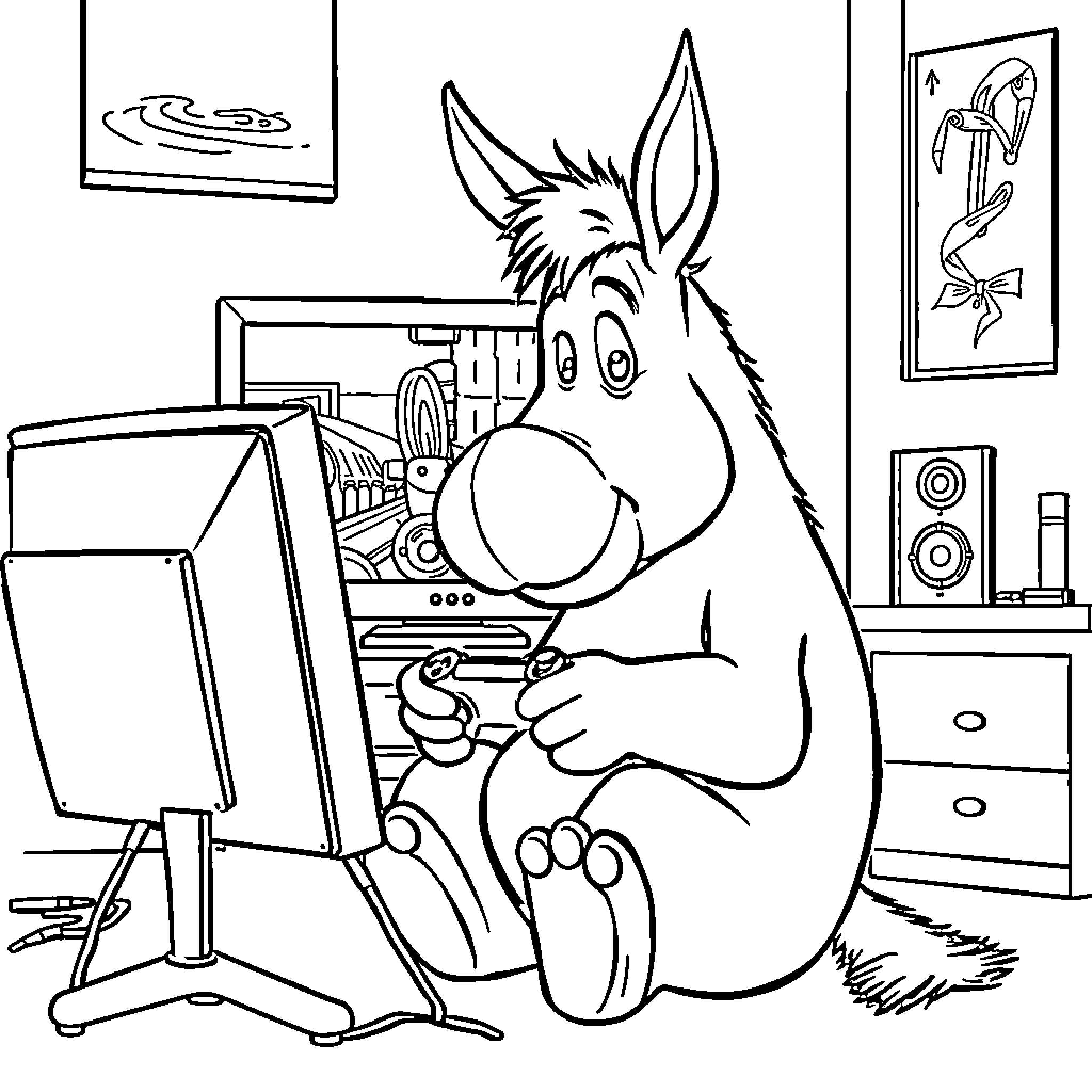 Eeyore relaxing at home with technology Coloring Page (free black-and-white line drawing printable PDF for all, from beginners to advanced learners, including children, teens, adults, and seniors)