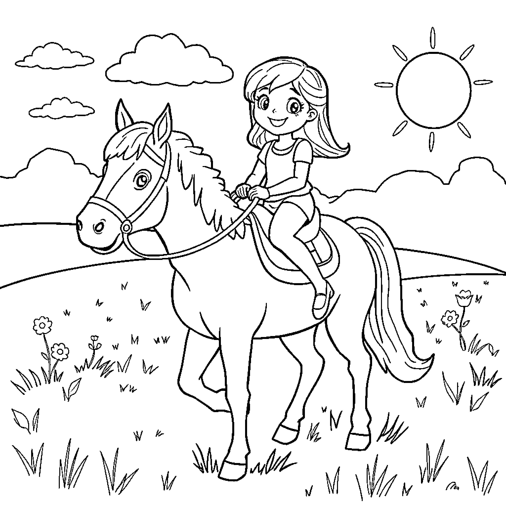 Horse and Girl Riding Happily in Outdoors Coloring Page (free black-and-white line drawing printable PDF for all, from beginners to advanced learners, including children, teens, adults, and seniors)