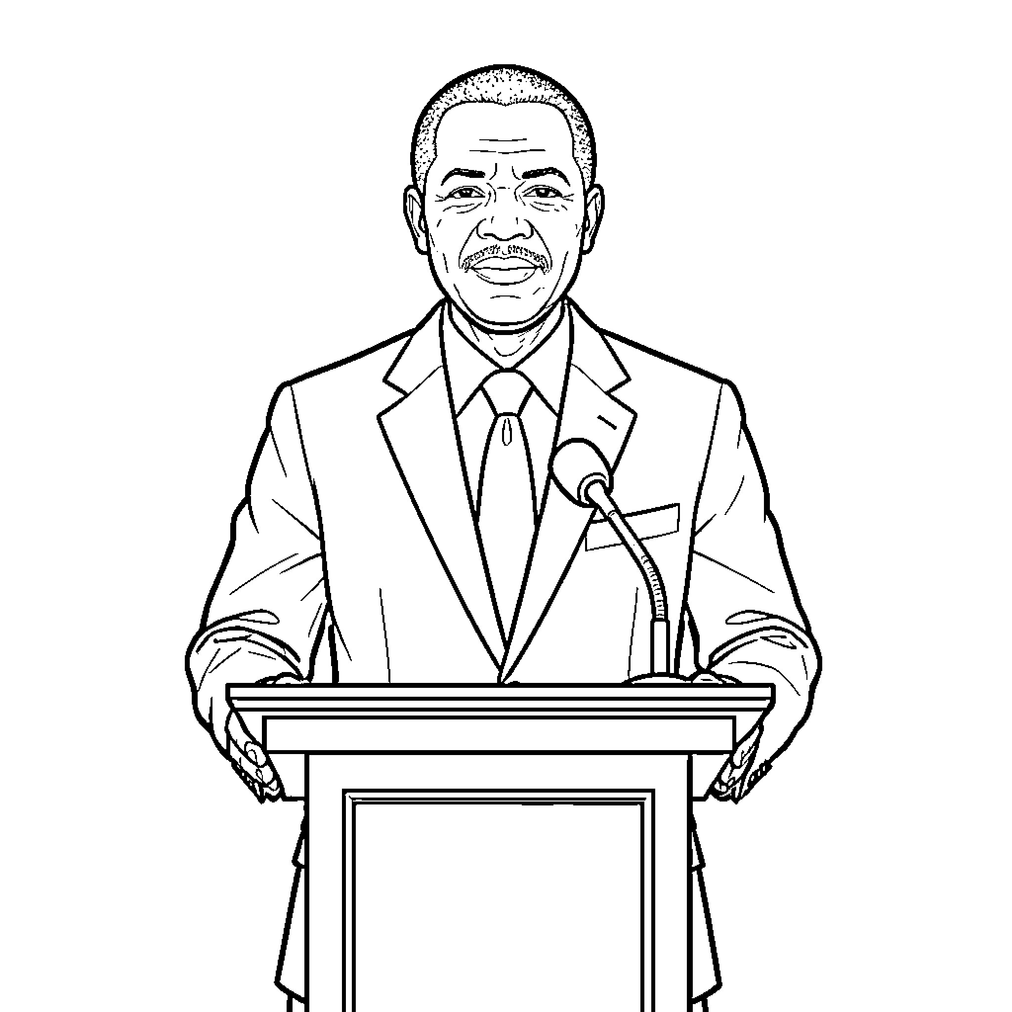 Emmerson Mnangagwa delivering an address at podium Coloring Page (free black-and-white line drawing printable PDF for all, from beginners to advanced learners, including children, teens, adults, and seniors)