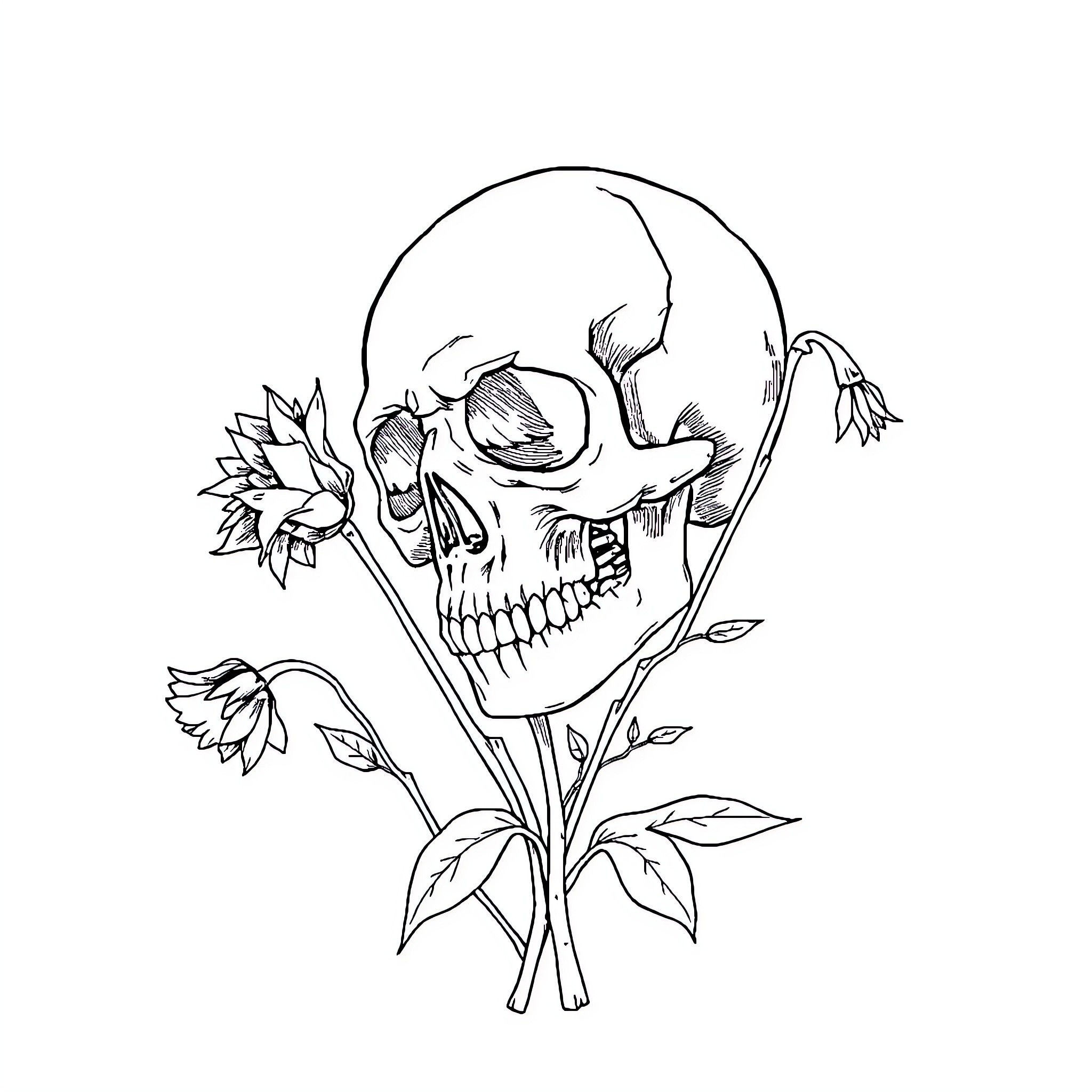 Memento Mori: Skull Amidst Blossoming Flowers Coloring Page (free black-and-white line drawing printable PDF for all, from beginners to advanced learners, including children, teens, adults, and seniors)