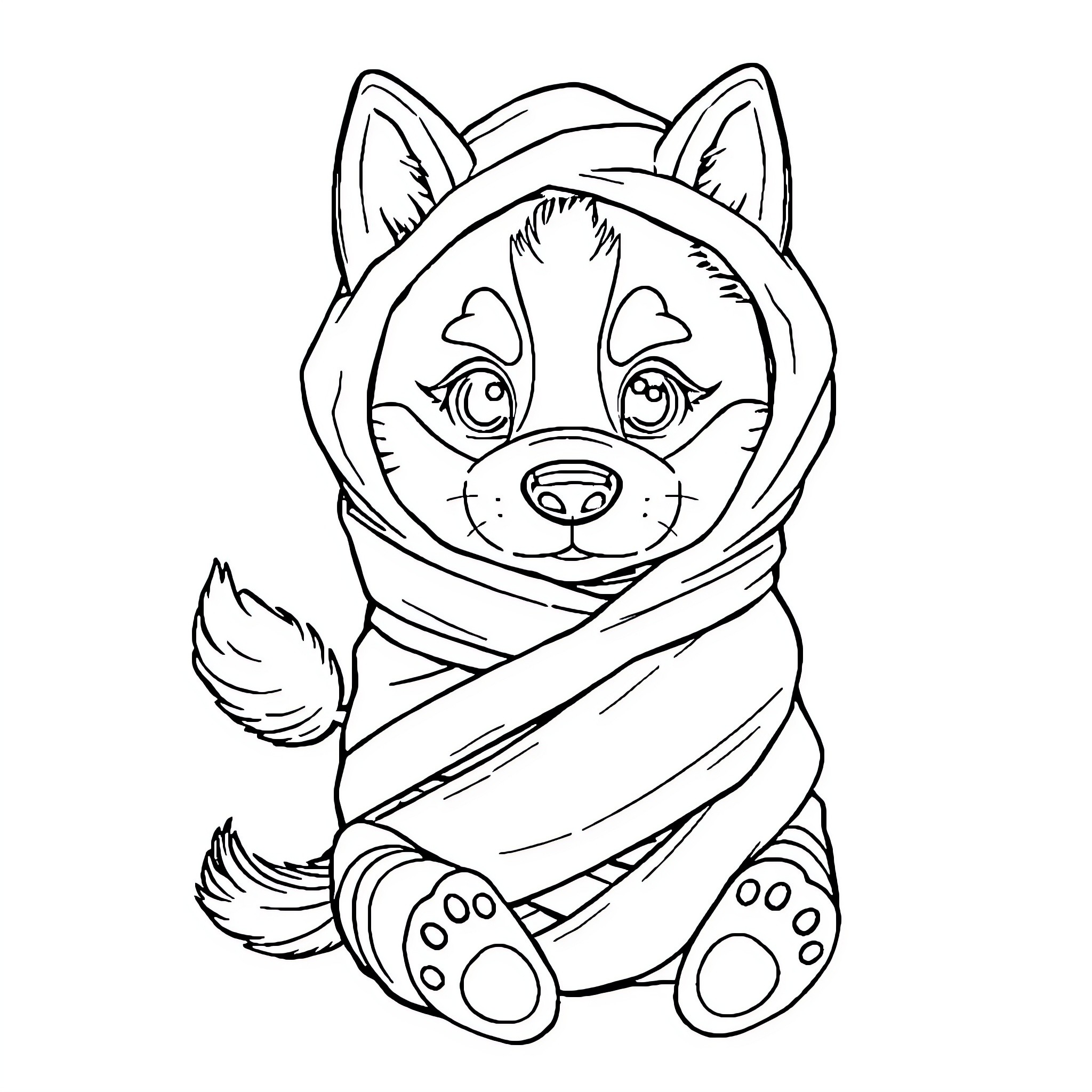 Husky puppy wrapped in a scarf Coloring Page (free black-and-white line drawing printable PDF for all, from beginners to advanced learners, including children, teens, adults, and seniors)