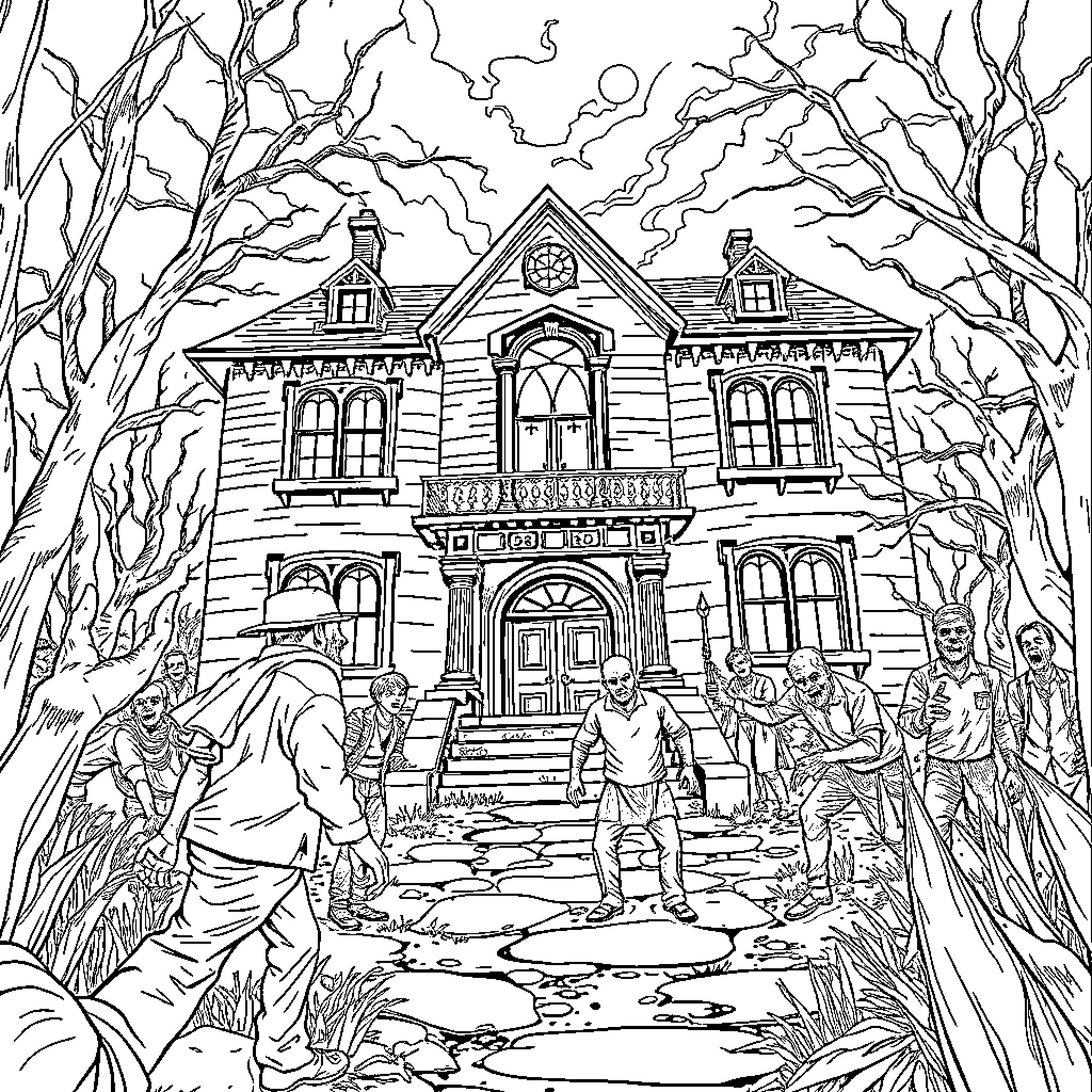 Resident Evil: Haunted House and Eerie Figures Coloring Page (free black-and-white line drawing printable PDF for all, from beginners to advanced learners, including children, teens, adults, and seniors)