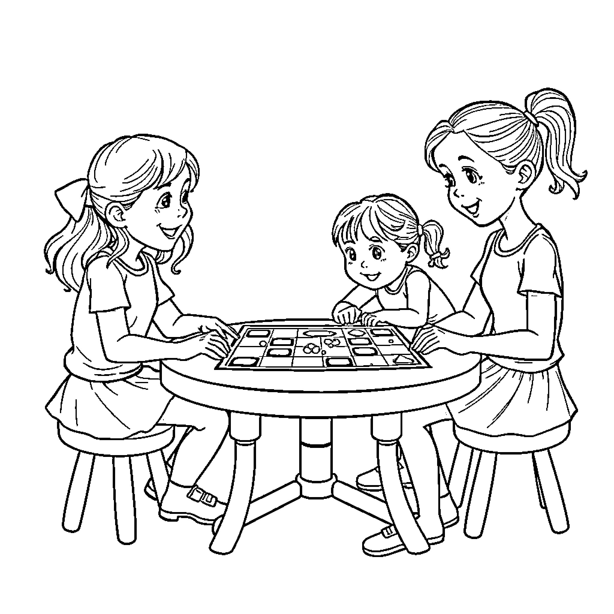 Girls Playing Board Game Together Coloring Page (free black-and-white line drawing printable PDF for all, from beginners to advanced learners, including children, teens, adults, and seniors)