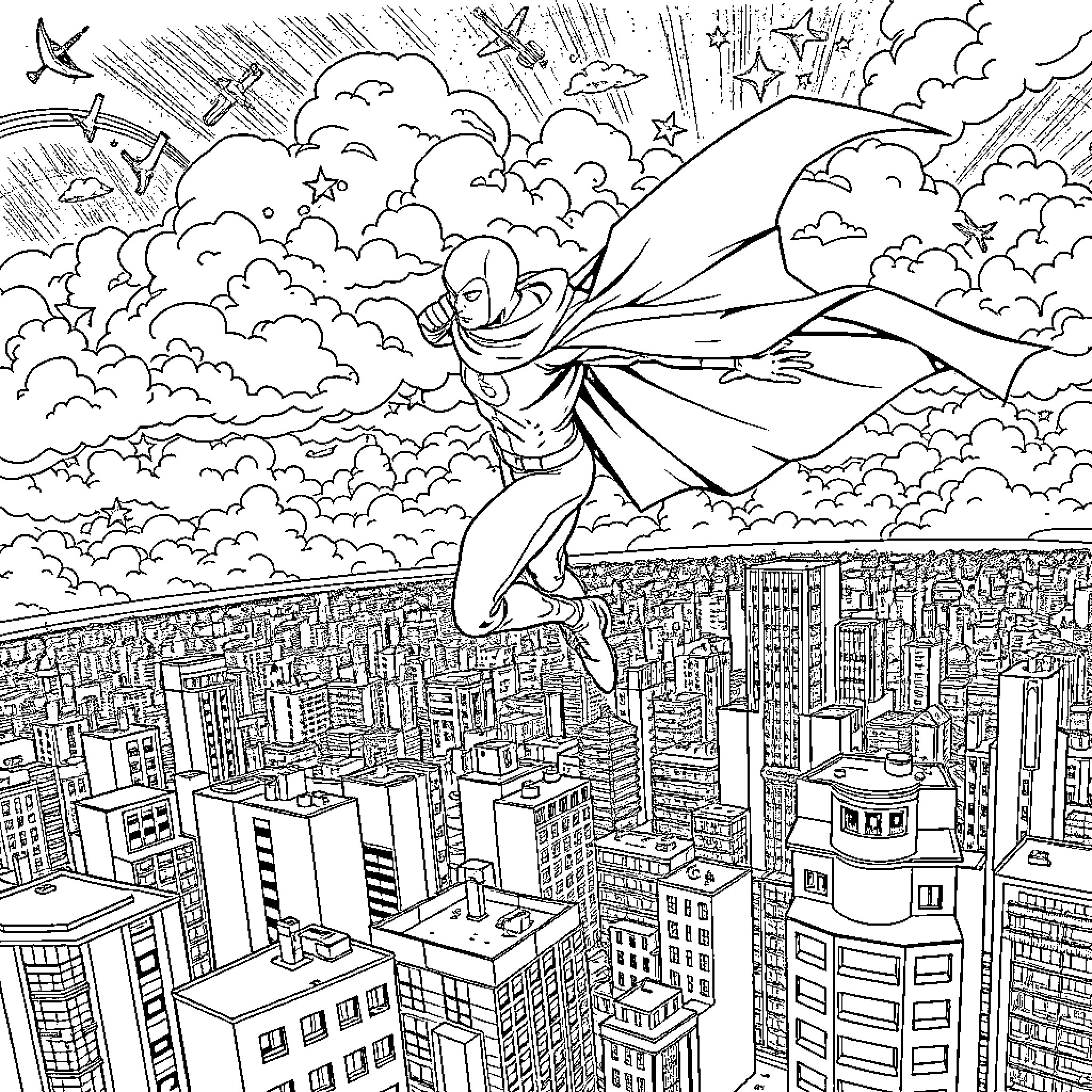 Superman soaring above the bustling city skyline Coloring Page (free black-and-white line drawing printable PDF for all, from beginners to advanced learners, including children, teens, adults, and seniors)