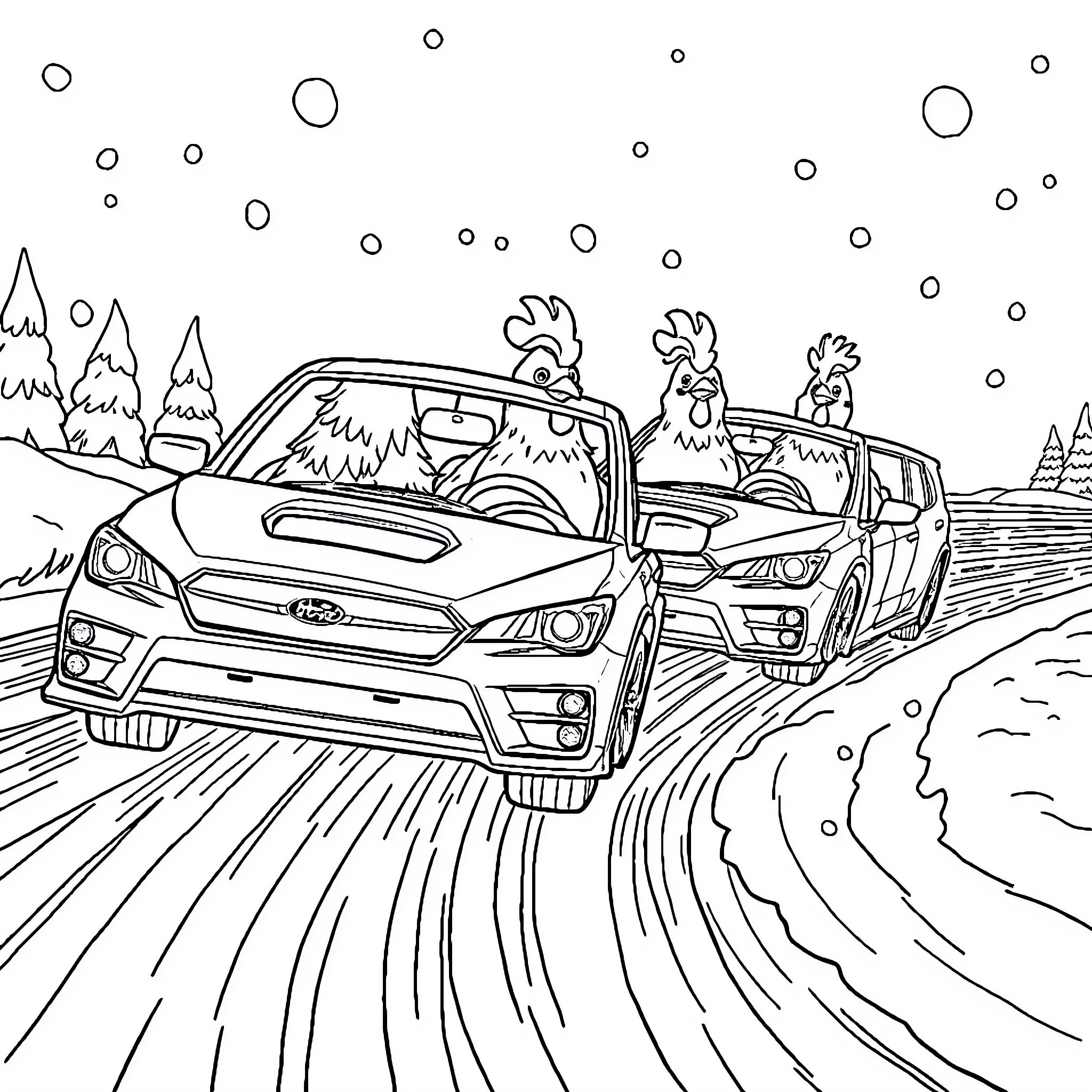 Chicken riding vehicles on a snowy road Coloring Page (free black-and-white line drawing printable PDF for all, from beginners to advanced learners, including children, teens, adults, and seniors)