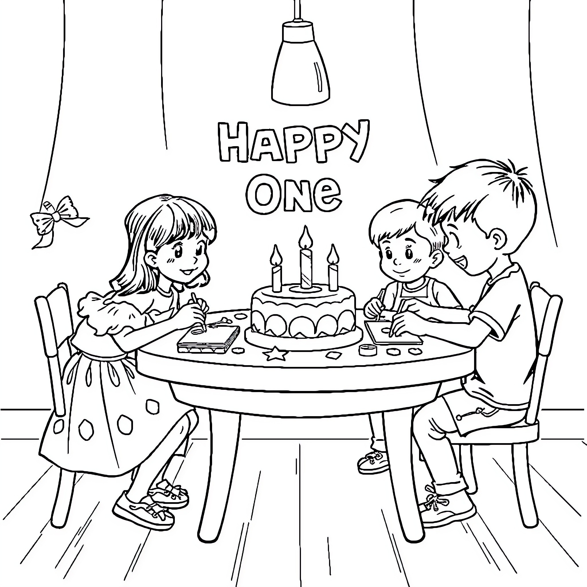 Kid's Happy Birthday Celebration with Friends Coloring Page (free black-and-white line drawing printable PDF for all, from beginners to advanced learners, including children, teens, adults, and seniors)