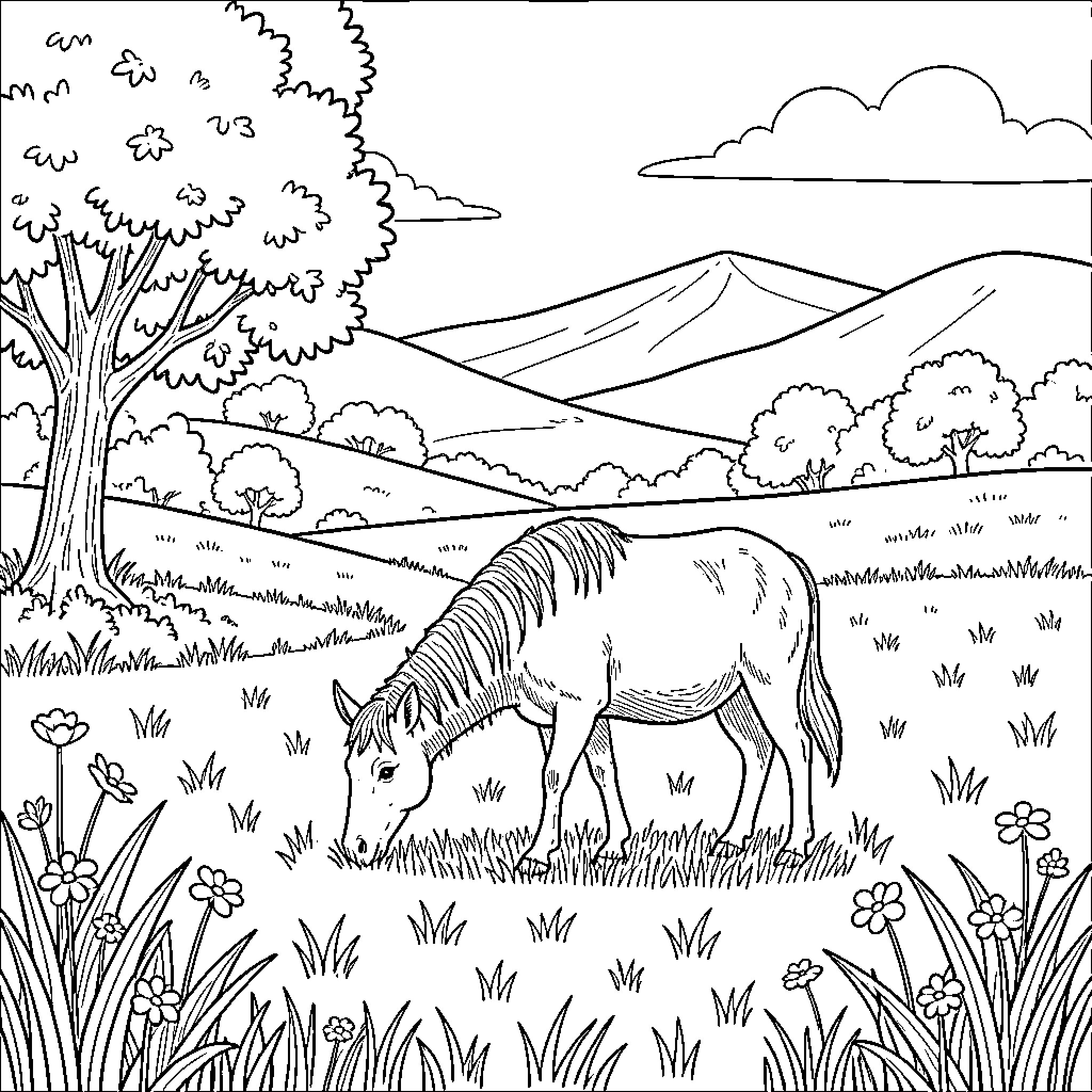 Animal grazing peacefully in serene countryside Coloring Page (free black-and-white line drawing printable PDF for all, from beginners to advanced learners, including children, teens, adults, and seniors)