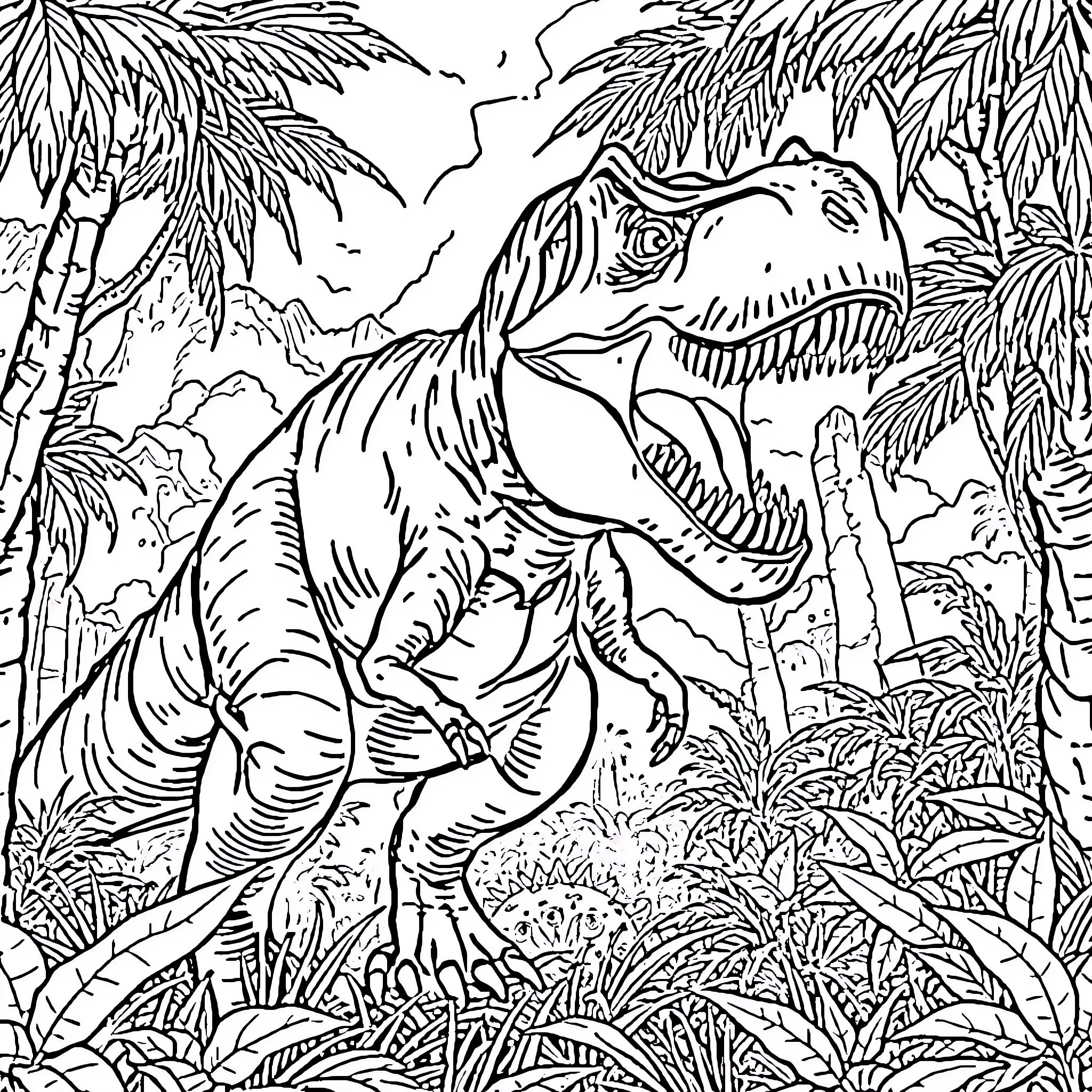 Tyrannosaurus roaring in the prehistoric jungle Coloring Page (free black-and-white line drawing printable PDF for all, from beginners to advanced learners, including children, teens, adults, and seniors)