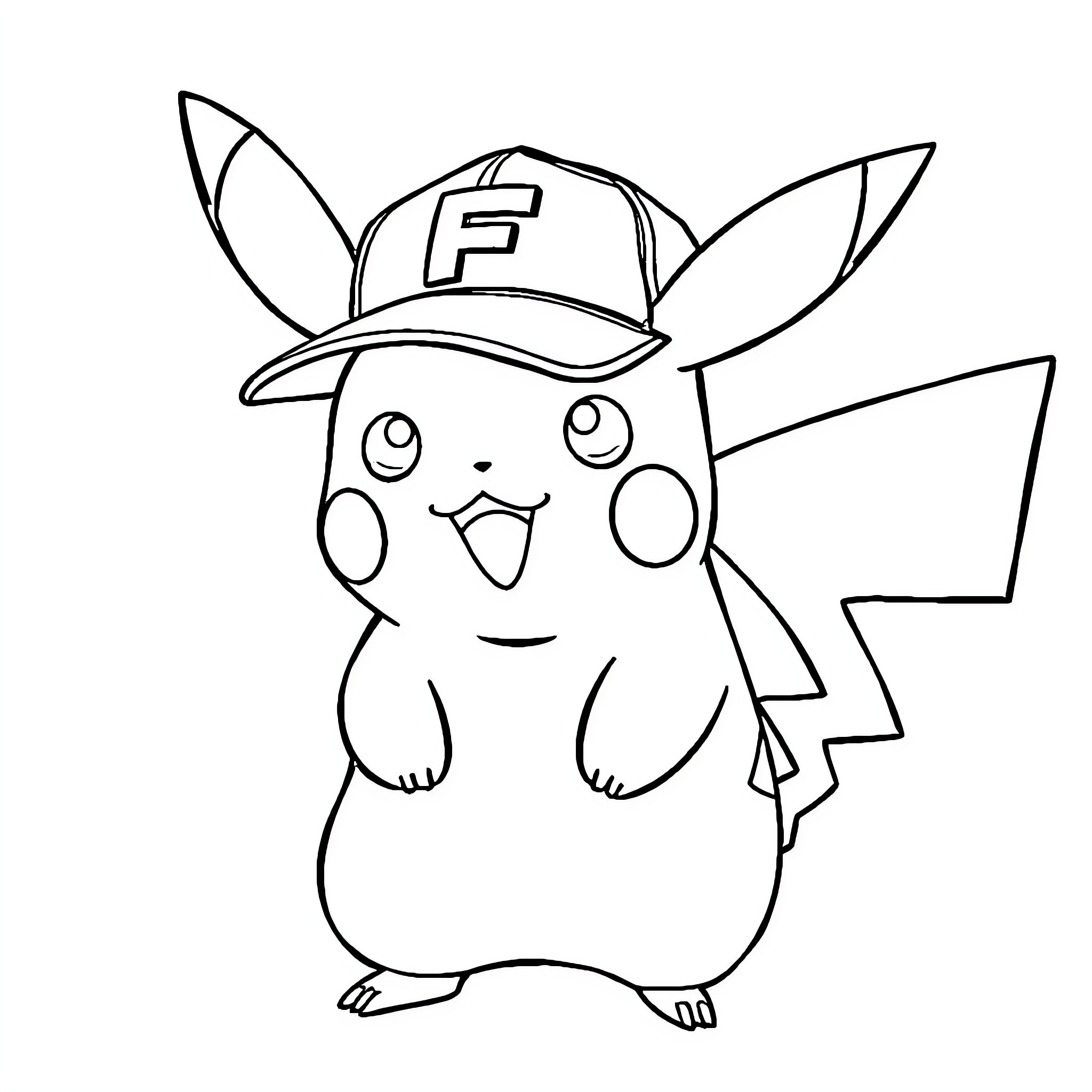 Pikachu wearing a baseball cap Coloring Page (free black-and-white line drawing printable PDF for all, from beginners to advanced learners, including children, teens, adults, and seniors)