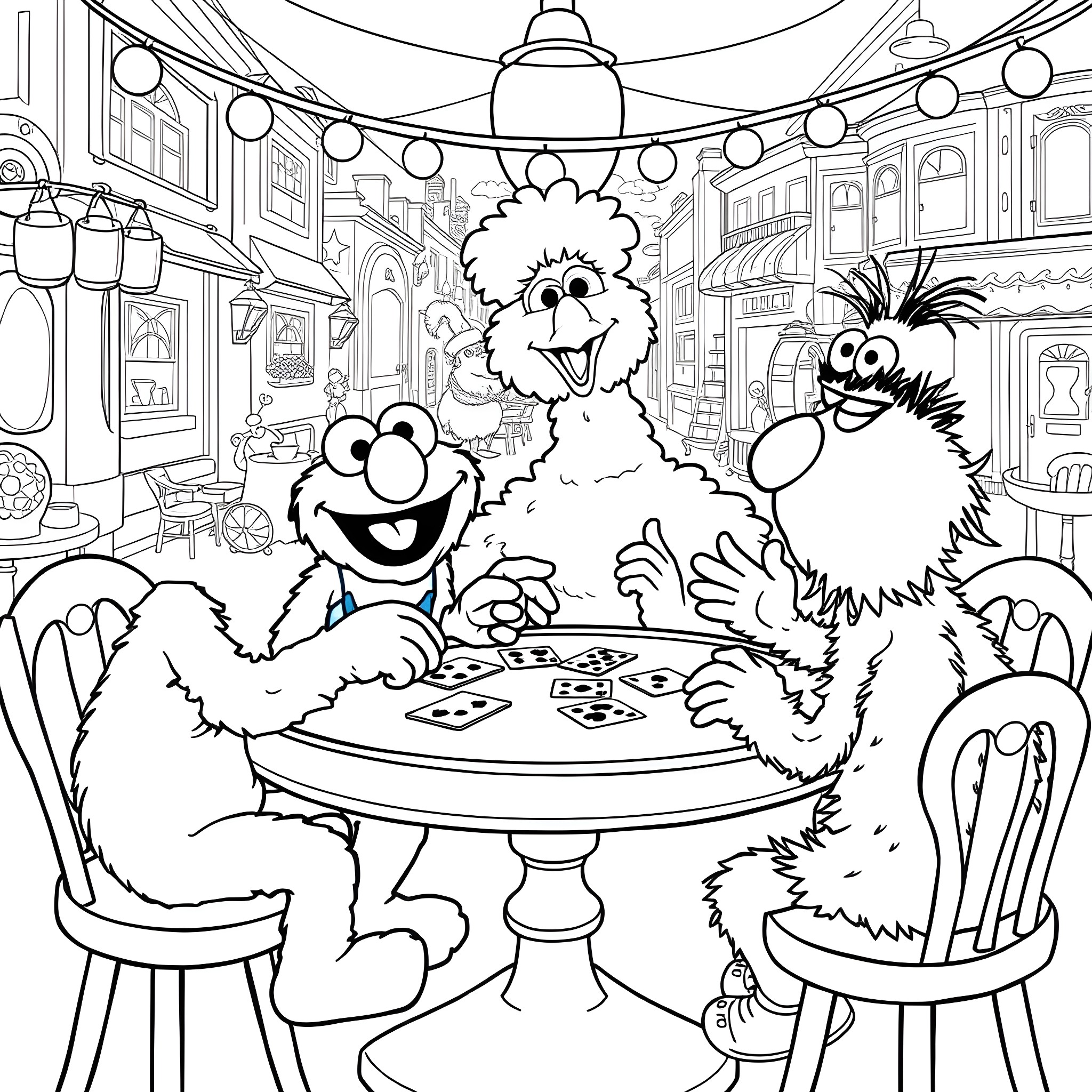 Elmo and friends enjoying a lively game night Coloring Page (free black-and-white line drawing printable PDF for all, from beginners to advanced learners, including children, teens, adults, and seniors)