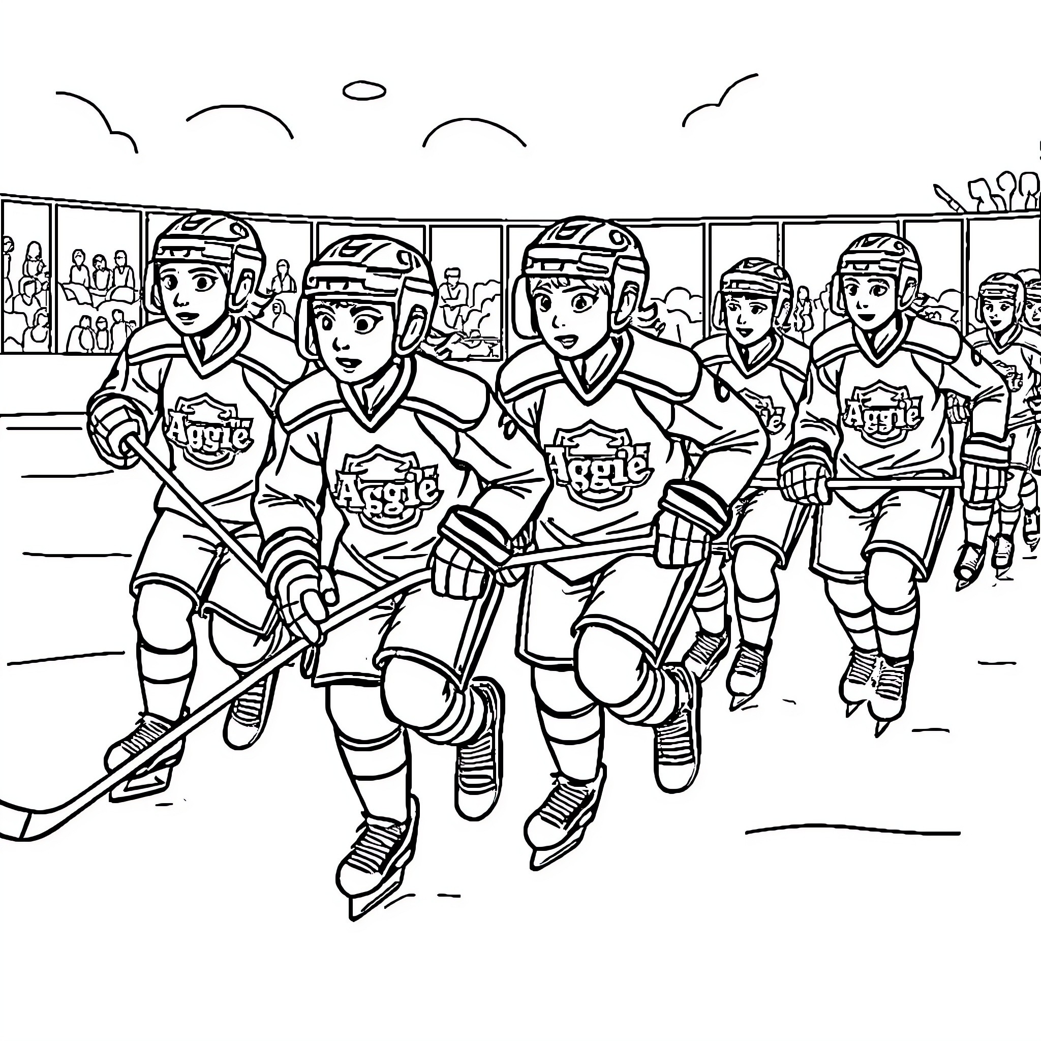 Jr. Aggie Hockey Players in Action on the Ice Rink Coloring Page (free black-and-white line drawing printable PDF for all, from beginners to advanced learners, including children, teens, adults, and seniors)