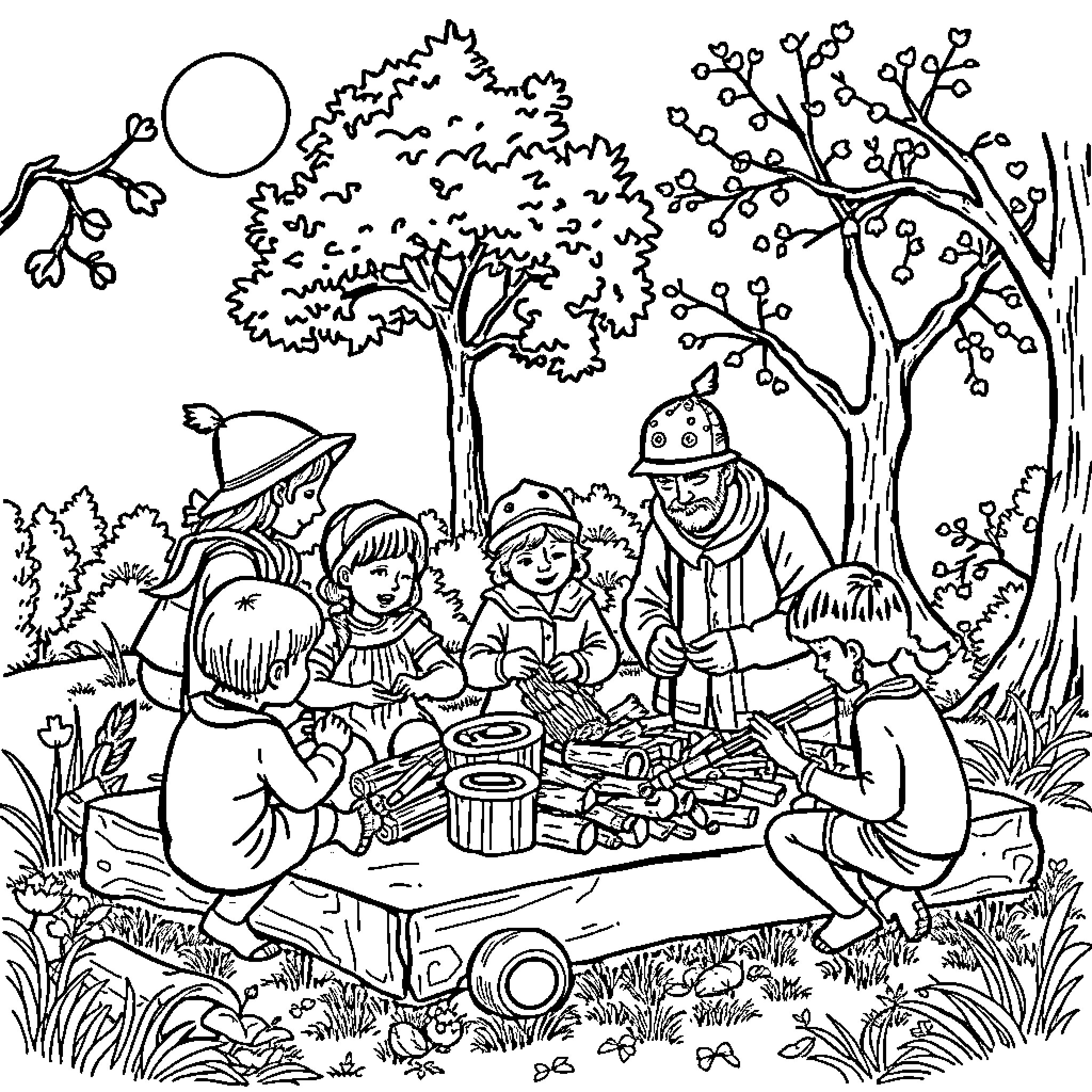 Woodcraft: Family Gathering in the Forest Coloring Page (free black-and-white line drawing printable PDF for all, from beginners to advanced learners, including children, teens, adults, and seniors)