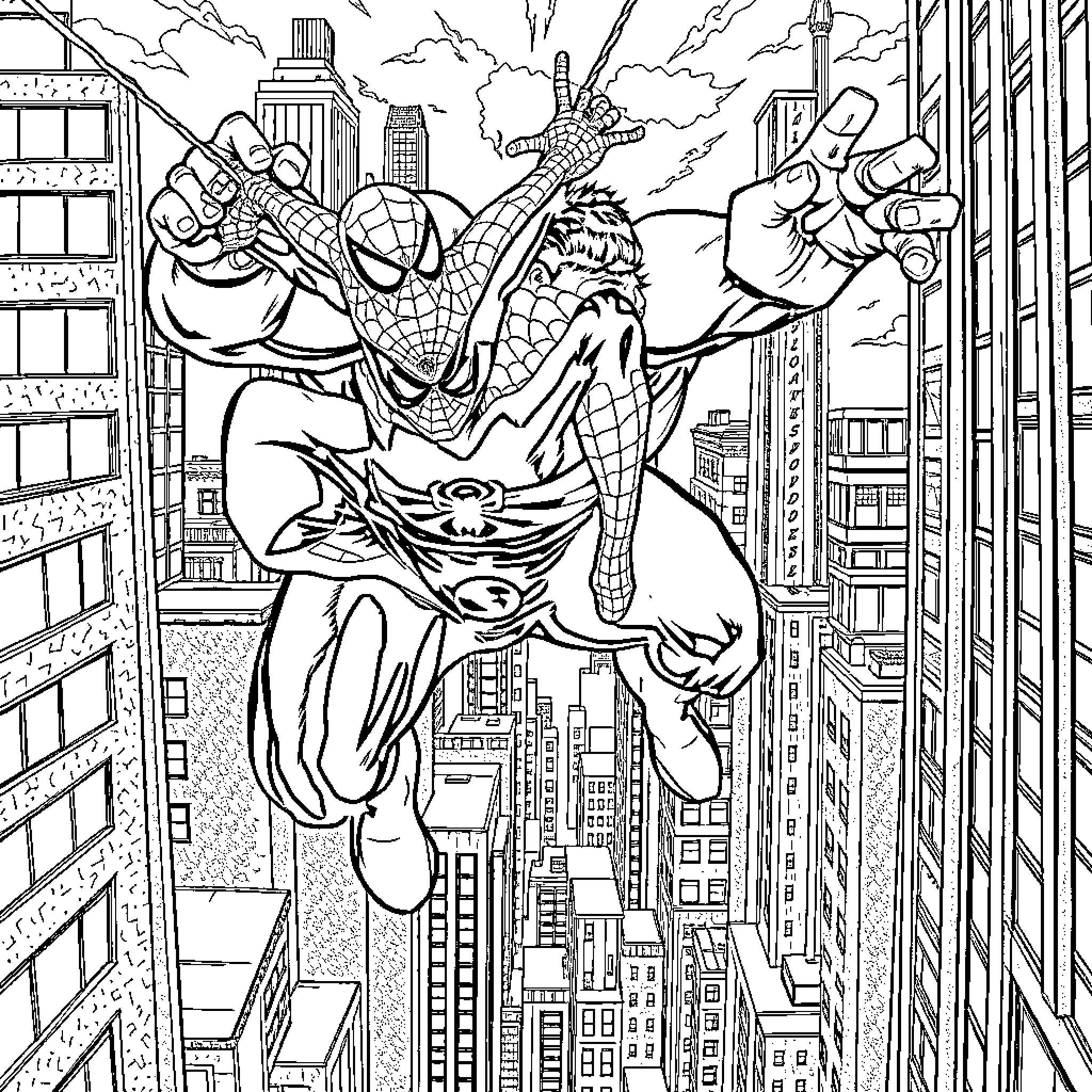 Spider-Man swinging through the city skyline Coloring Page (free black-and-white line drawing printable PDF for all, from beginners to advanced learners, including children, teens, adults, and seniors)