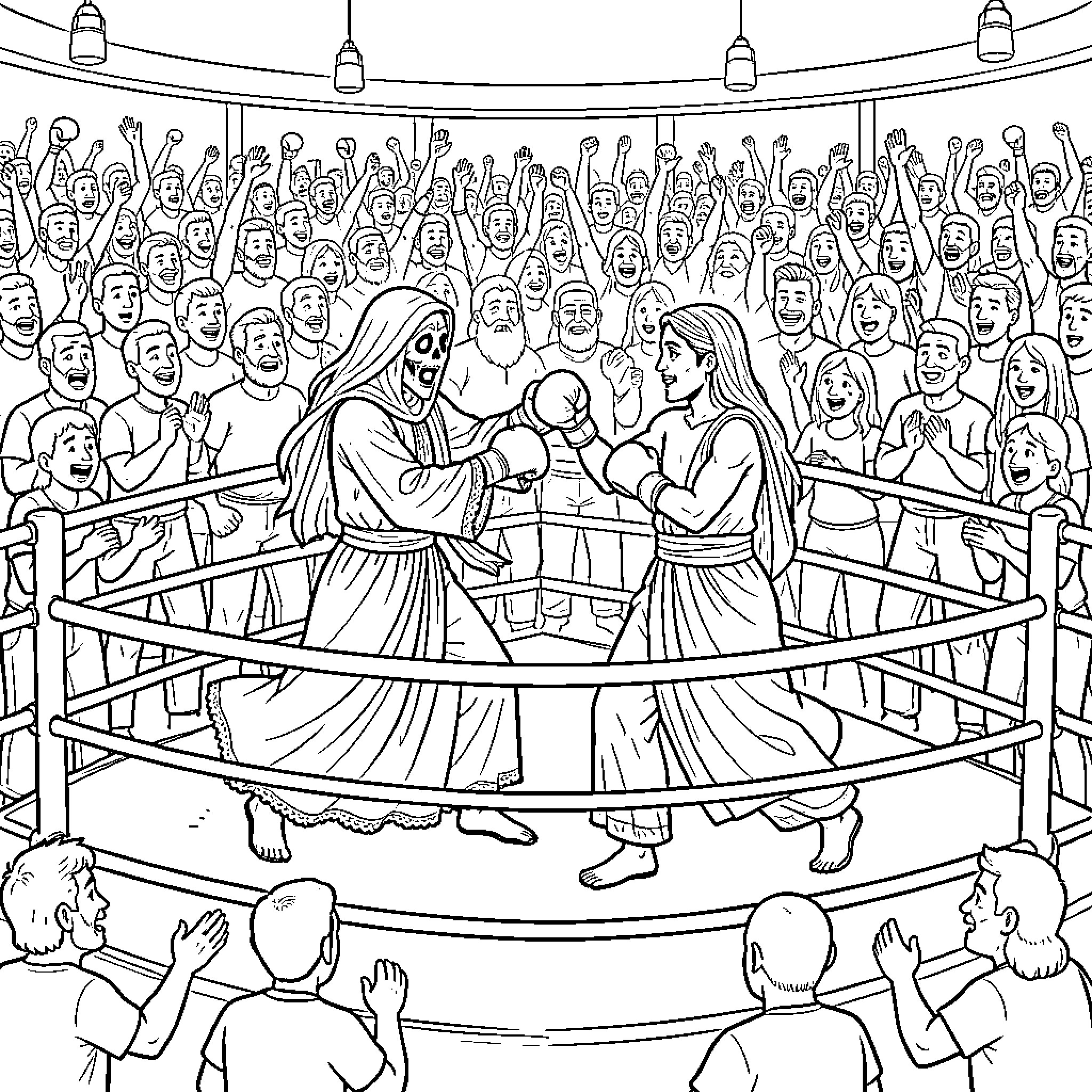 La Muerte: Ceremony of the Ancients in the Arena Coloring Page (free black-and-white line drawing printable PDF for all, from beginners to advanced learners, including children, teens, adults, and seniors)