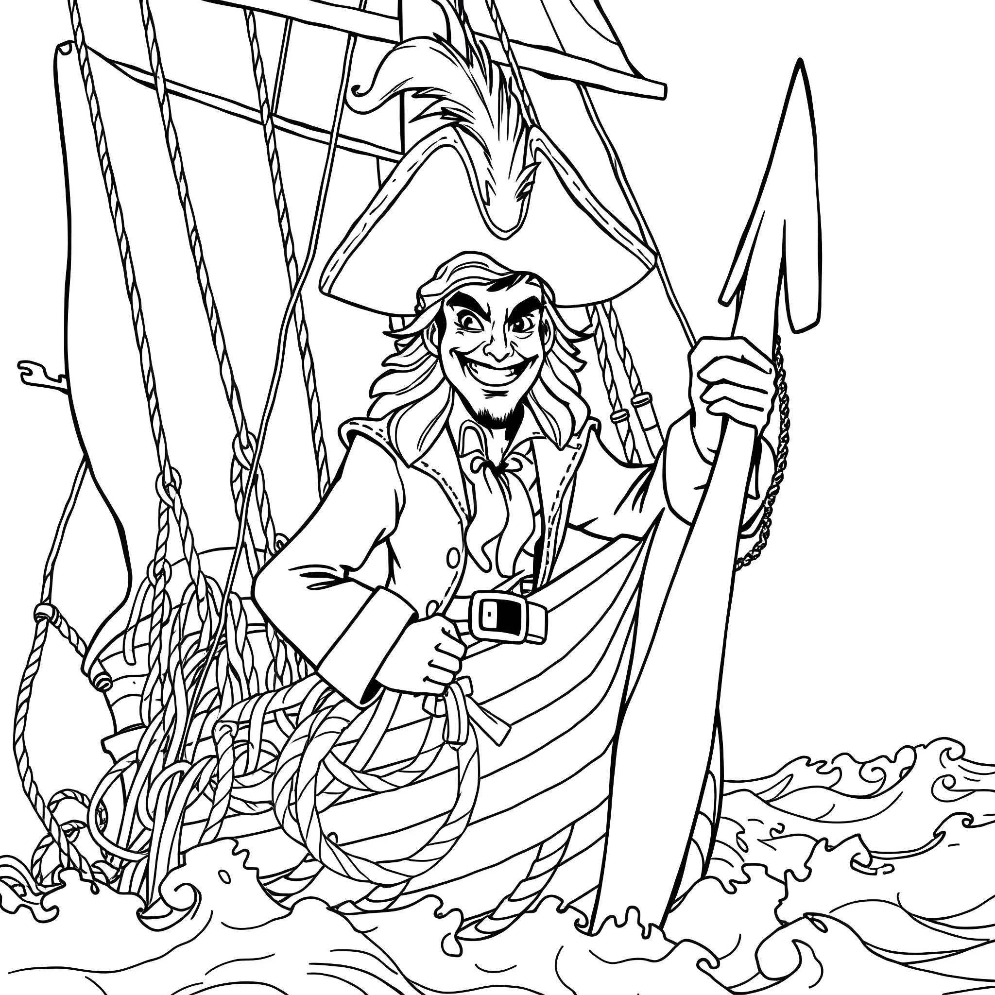 Captain Hook's Pirate Adventure on the High Seas Coloring Page (free black-and-white line drawing printable PDF for all, from beginners to advanced learners, including children, teens, adults, and seniors)