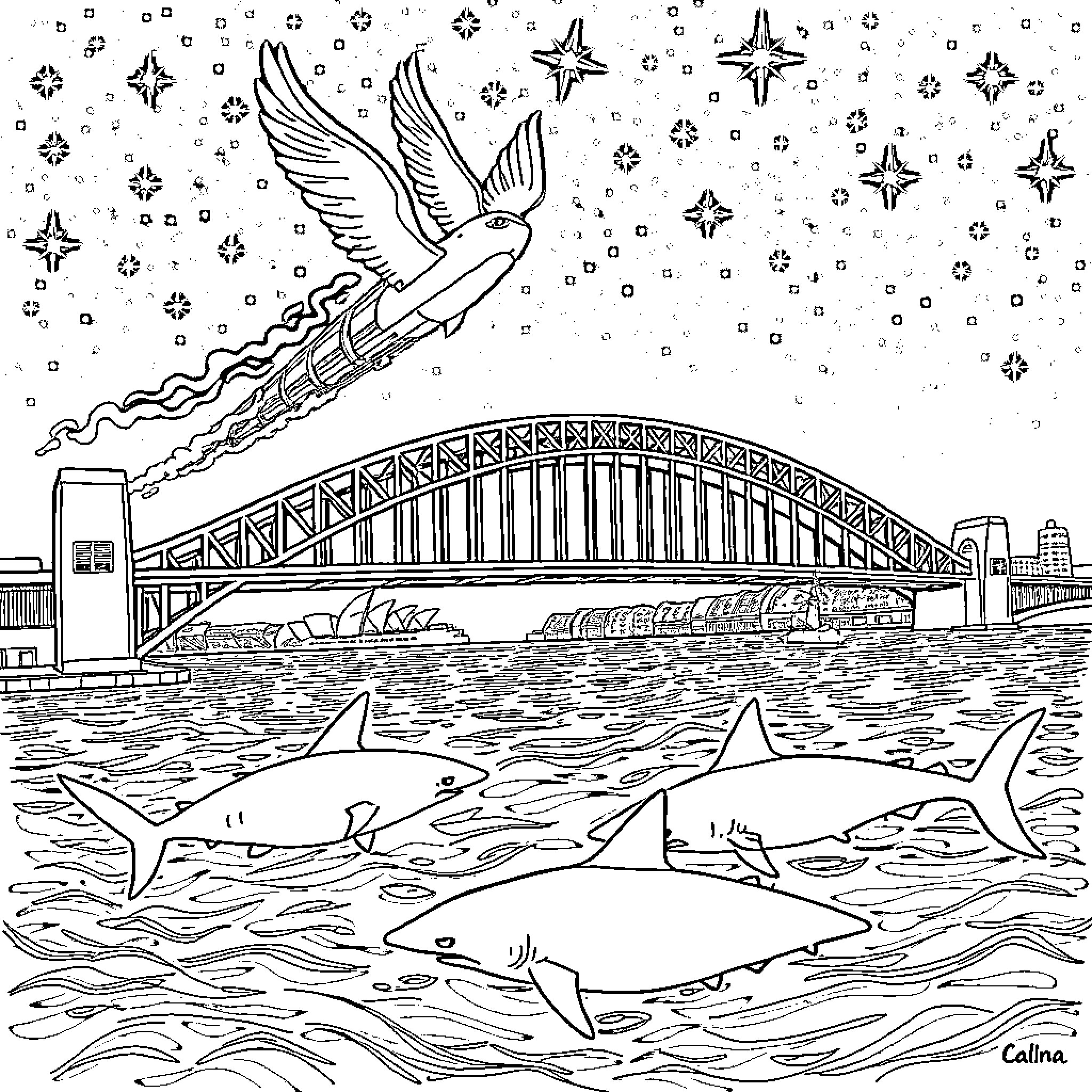 Train passing over bridge with sharks in the harbor Coloring Page (free black-and-white line drawing printable PDF for all, from beginners to advanced learners, including children, teens, adults, and seniors)