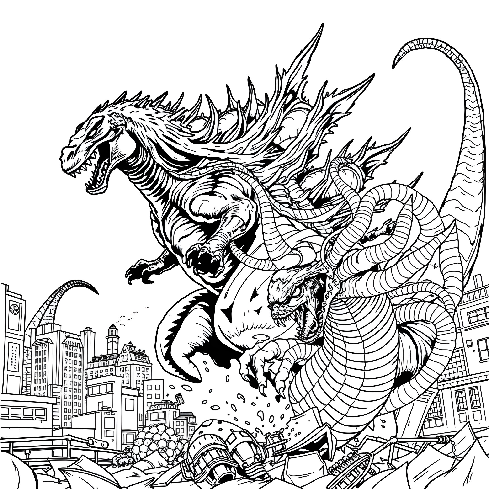 Godzilla Rampaging Through a Futuristic City Coloring Page (free black-and-white line drawing printable PDF for all, from beginners to advanced learners, including children, teens, adults, and seniors)