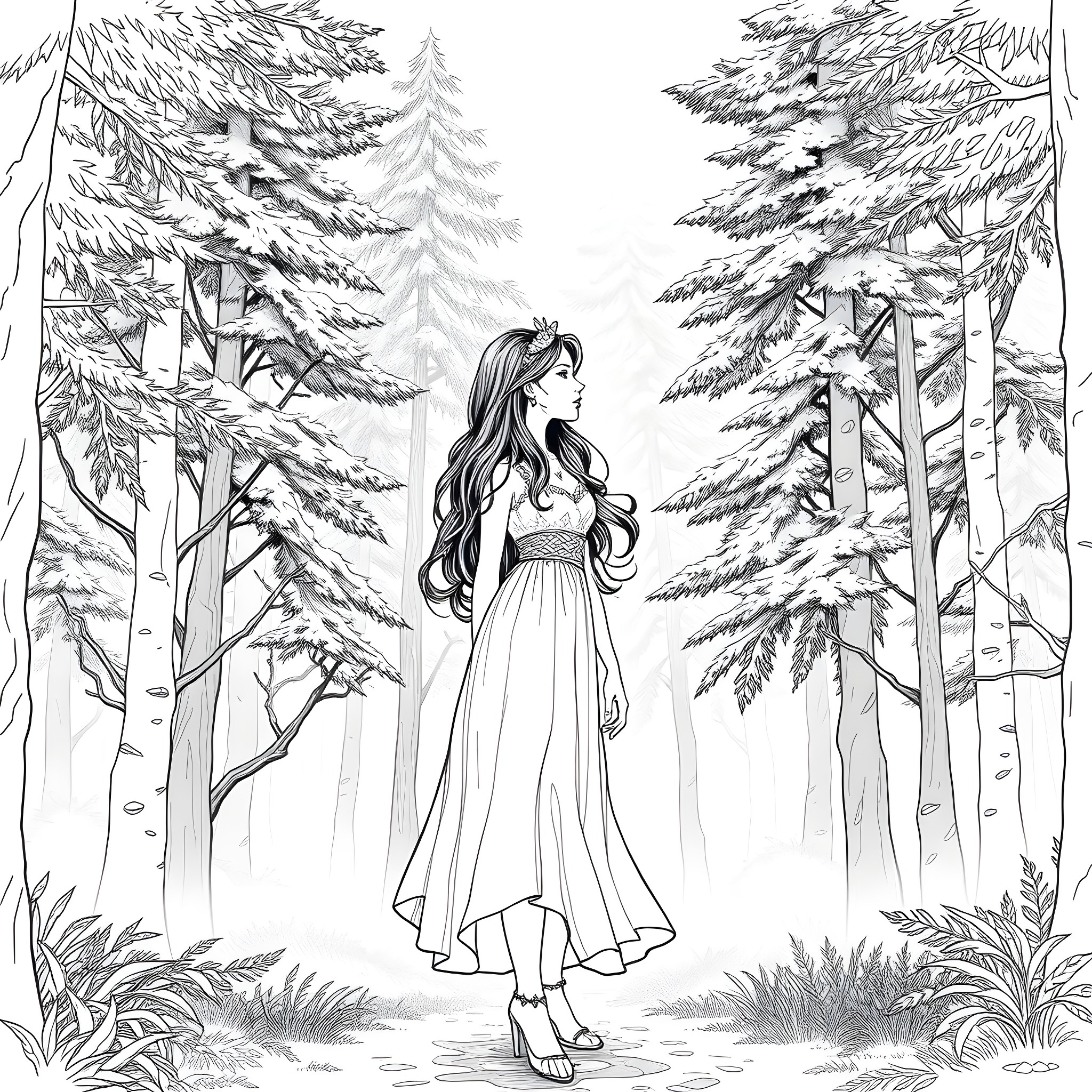 Adeline Zade in Serene Forest Surroundings Coloring Page (free black-and-white line drawing printable PDF for all, from beginners to advanced learners, including children, teens, adults, and seniors)