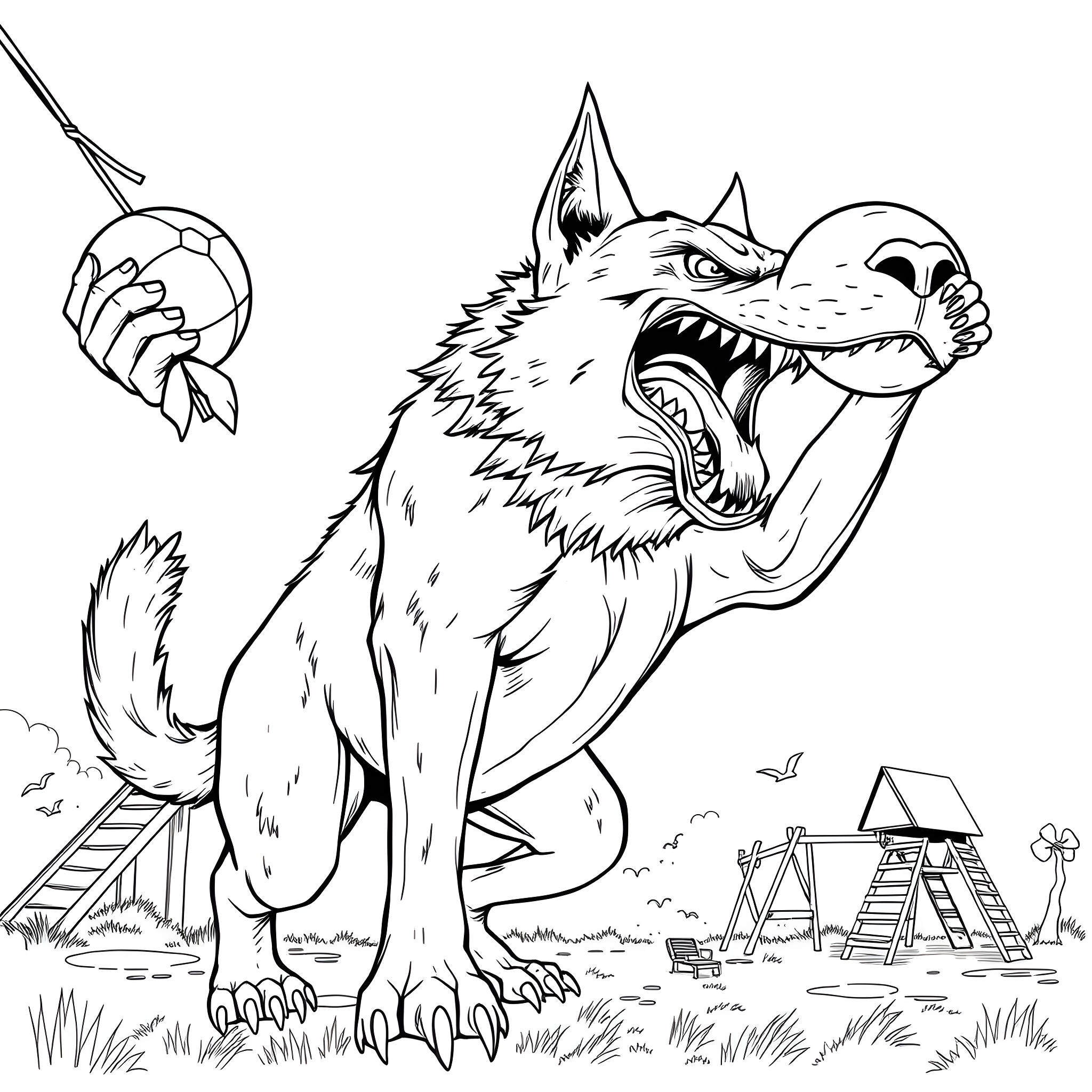 Dog Howling Loudly in a Playground Coloring Page (free black-and-white line drawing printable PDF for all, from beginners to advanced learners, including children, teens, adults, and seniors)