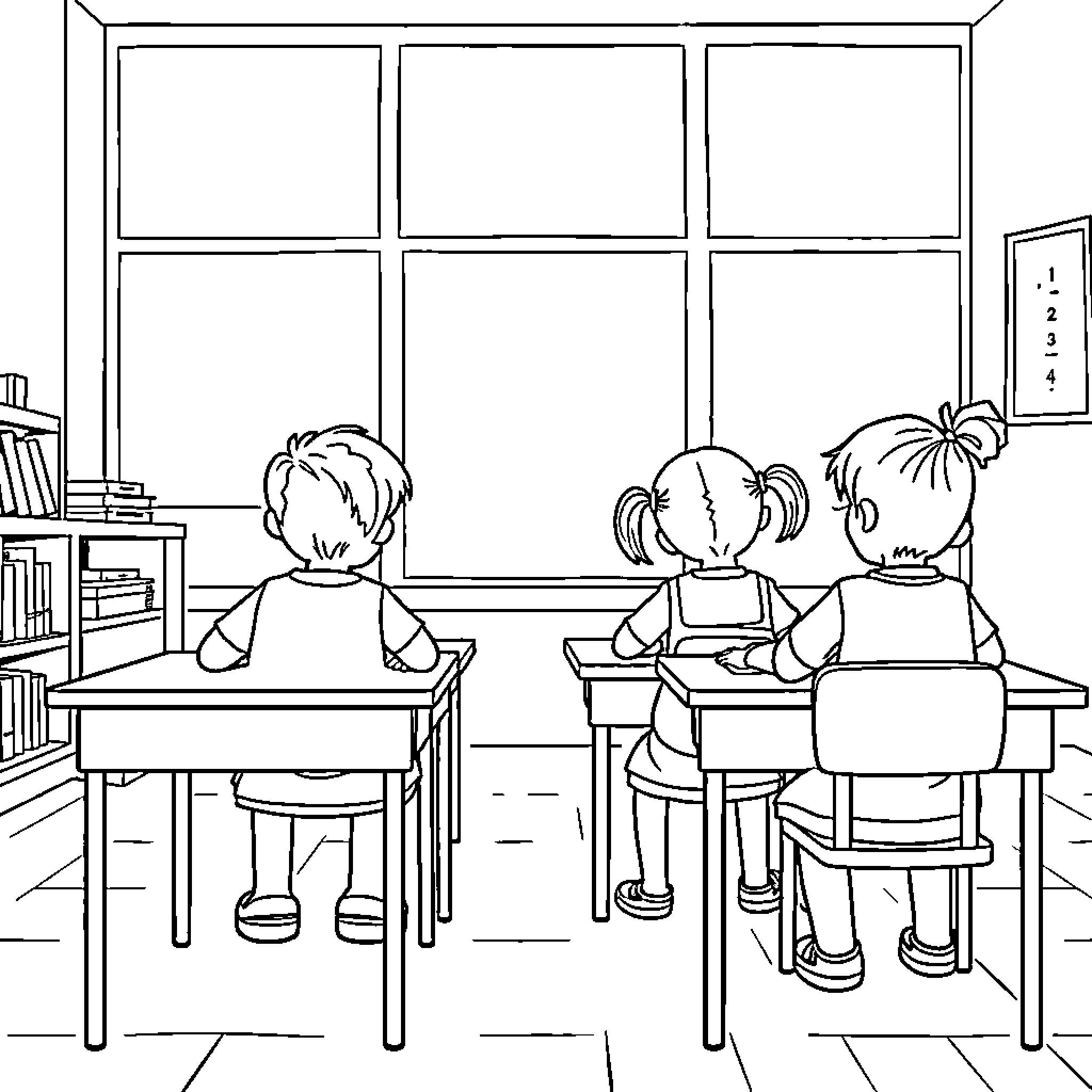 Children studying in classroom Coloring Page (free black-and-white line drawing printable PDF for all, from beginners to advanced learners, including children, teens, adults, and seniors)