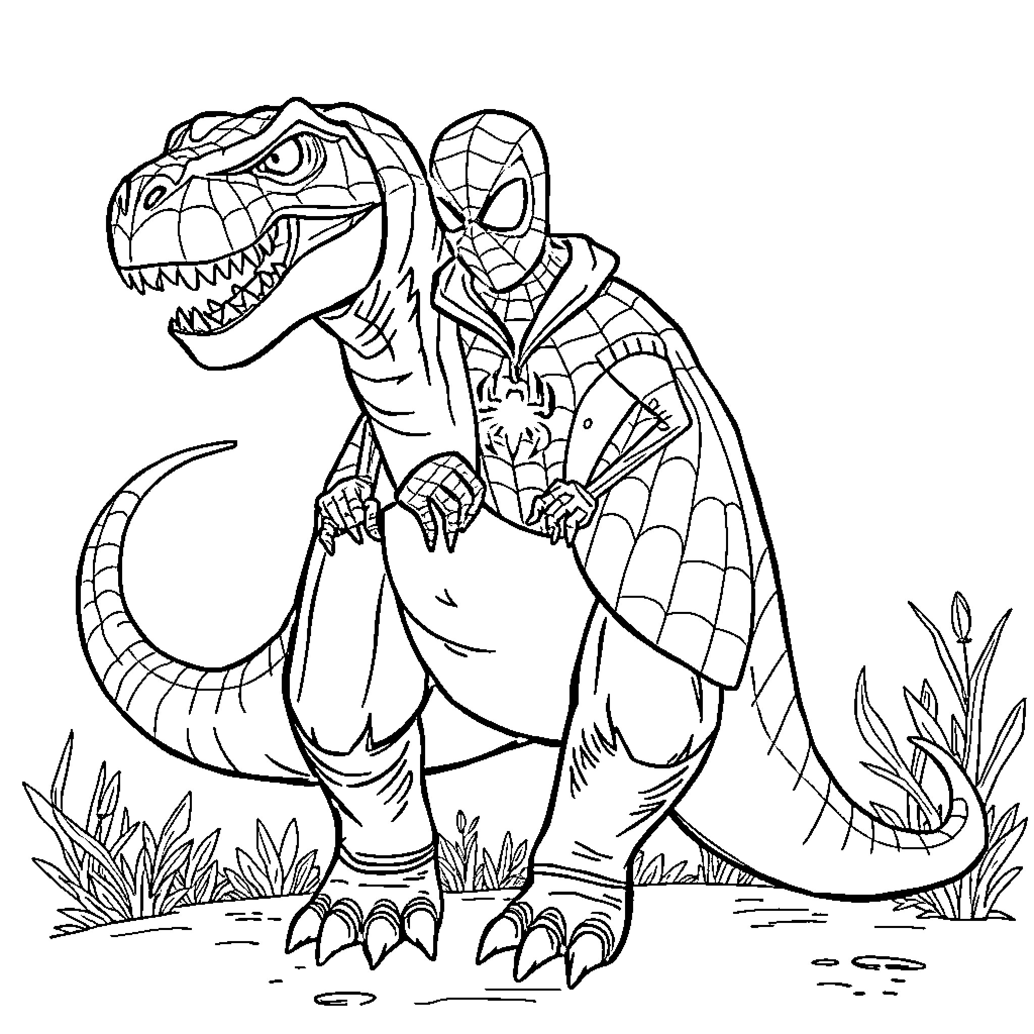 Dinosaur superhero saving the day Coloring Page (free black-and-white line drawing printable PDF for all, from beginners to advanced learners, including children, teens, adults, and seniors)