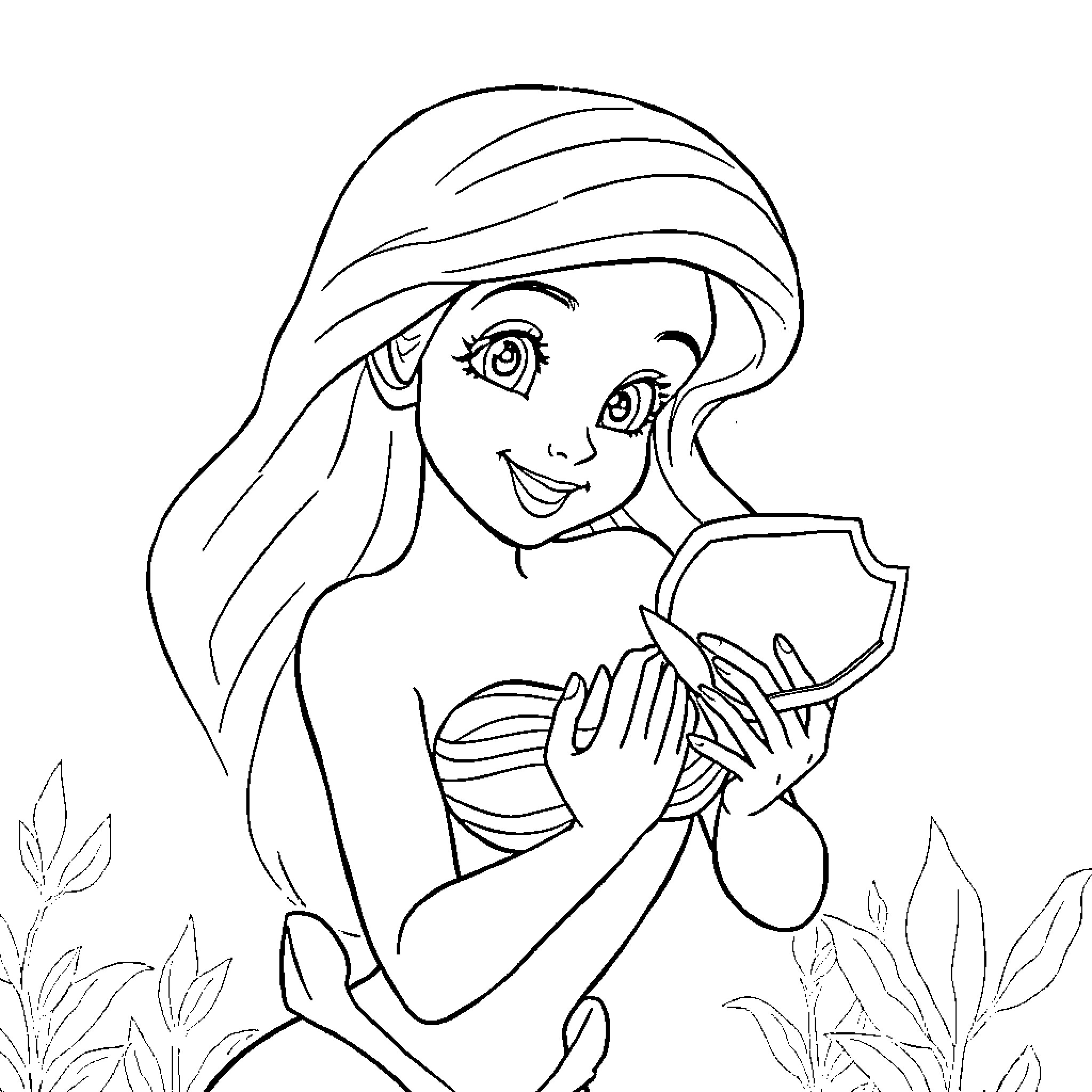 Ariel exploring the underwater world with a happy smile Coloring Page (free black-and-white line drawing printable PDF for all, from beginners to advanced learners, including children, teens, adults, and seniors)