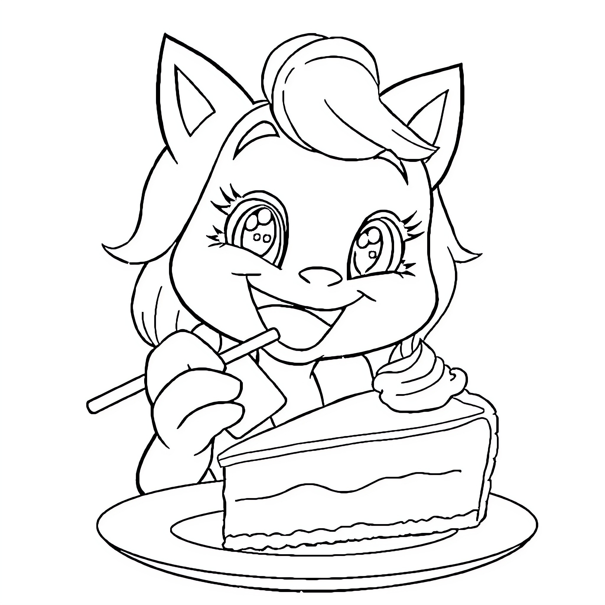 Bluey enjoying a delicious cake Coloring Page (free black-and-white line drawing printable PDF for all, from beginners to advanced learners, including children, teens, adults, and seniors)