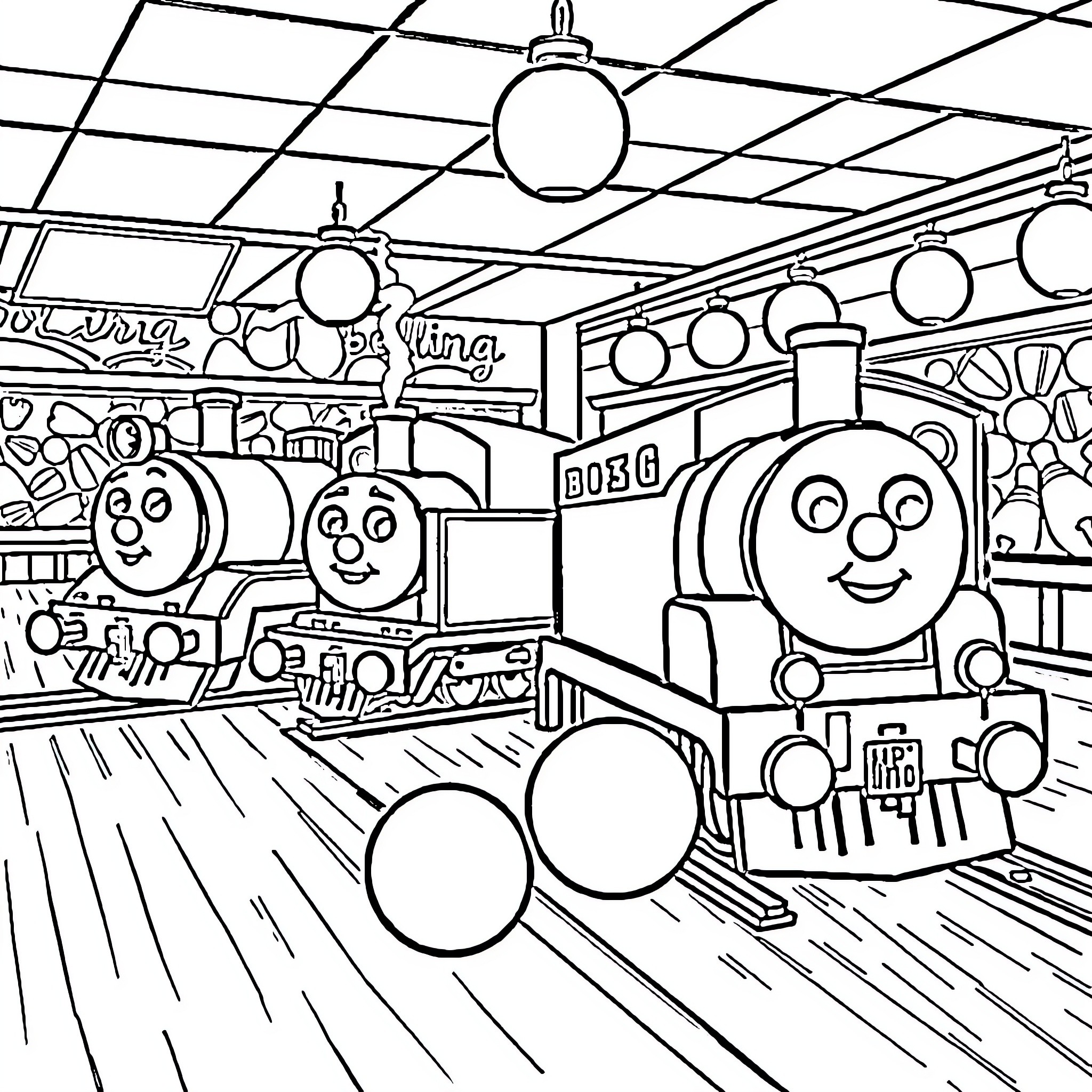 Chuggington Trains in Colorful Station Coloring Page (free black-and-white line drawing printable PDF for all, from beginners to advanced learners, including children, teens, adults, and seniors)