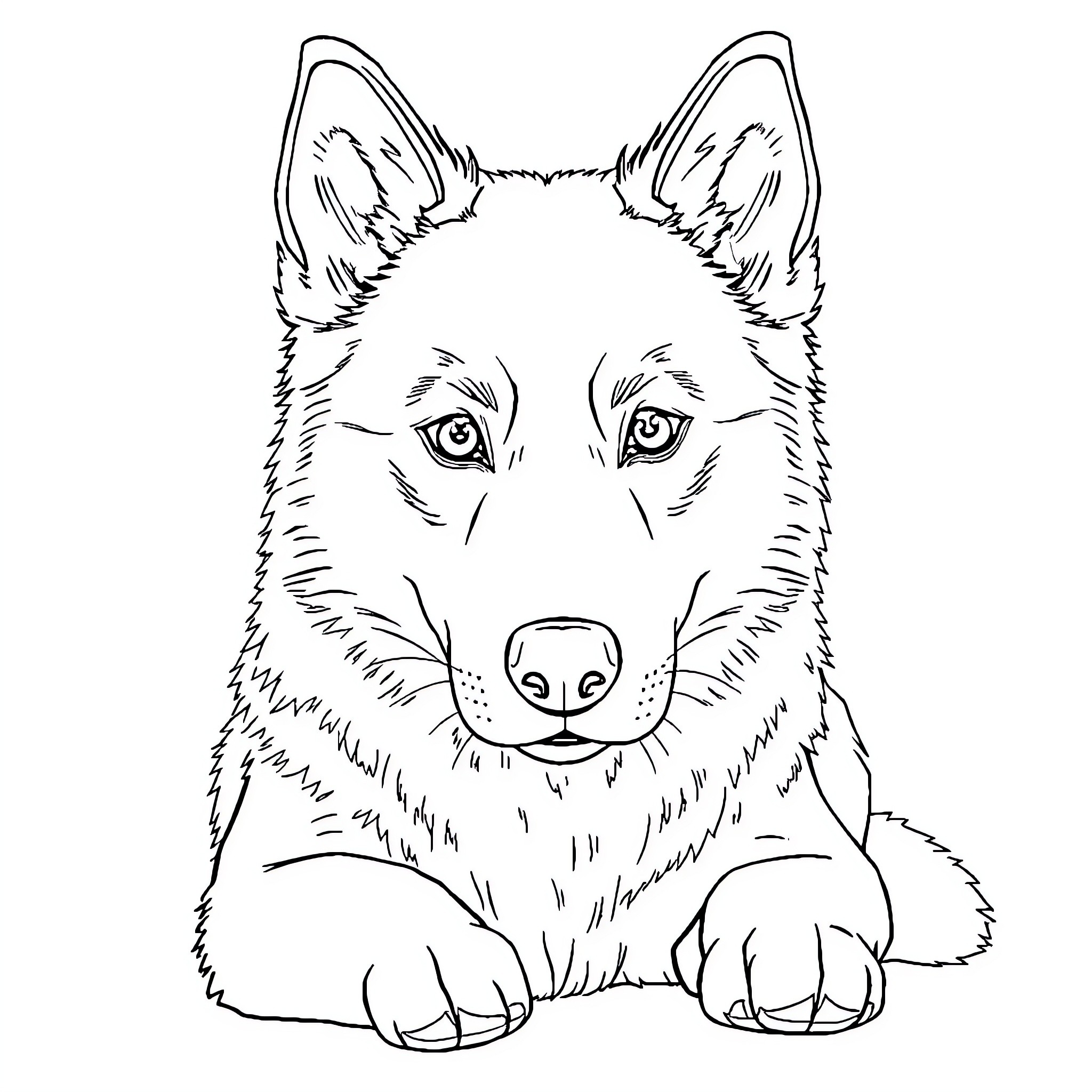 Husky sitting patiently with attentive expression Coloring Page (free black-and-white line drawing printable PDF for all, from beginners to advanced learners, including children, teens, adults, and seniors)