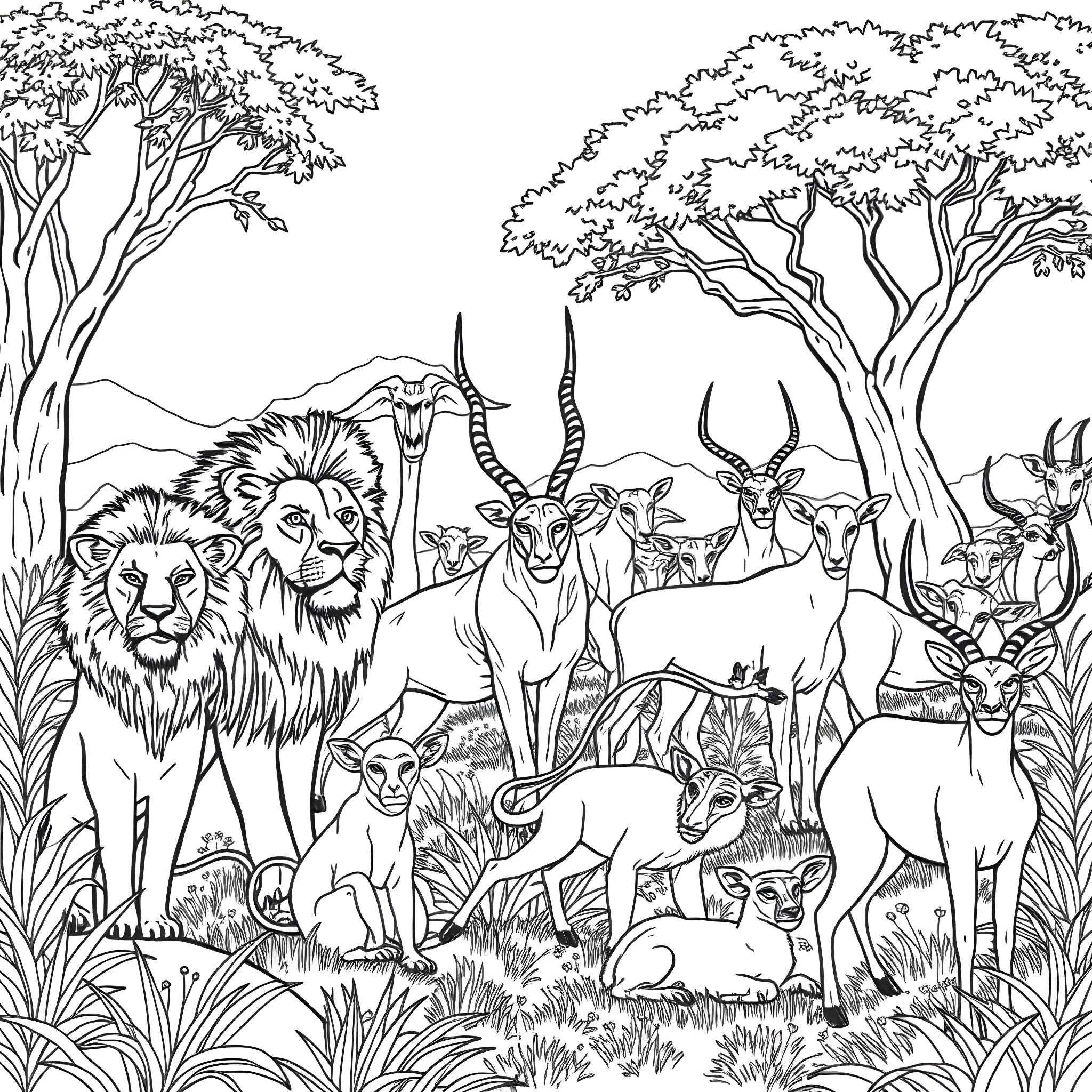 Animal Gathering in the Wild Jungle Coloring Page (free black-and-white line drawing printable PDF for all, from beginners to advanced learners, including children, teens, adults, and seniors)