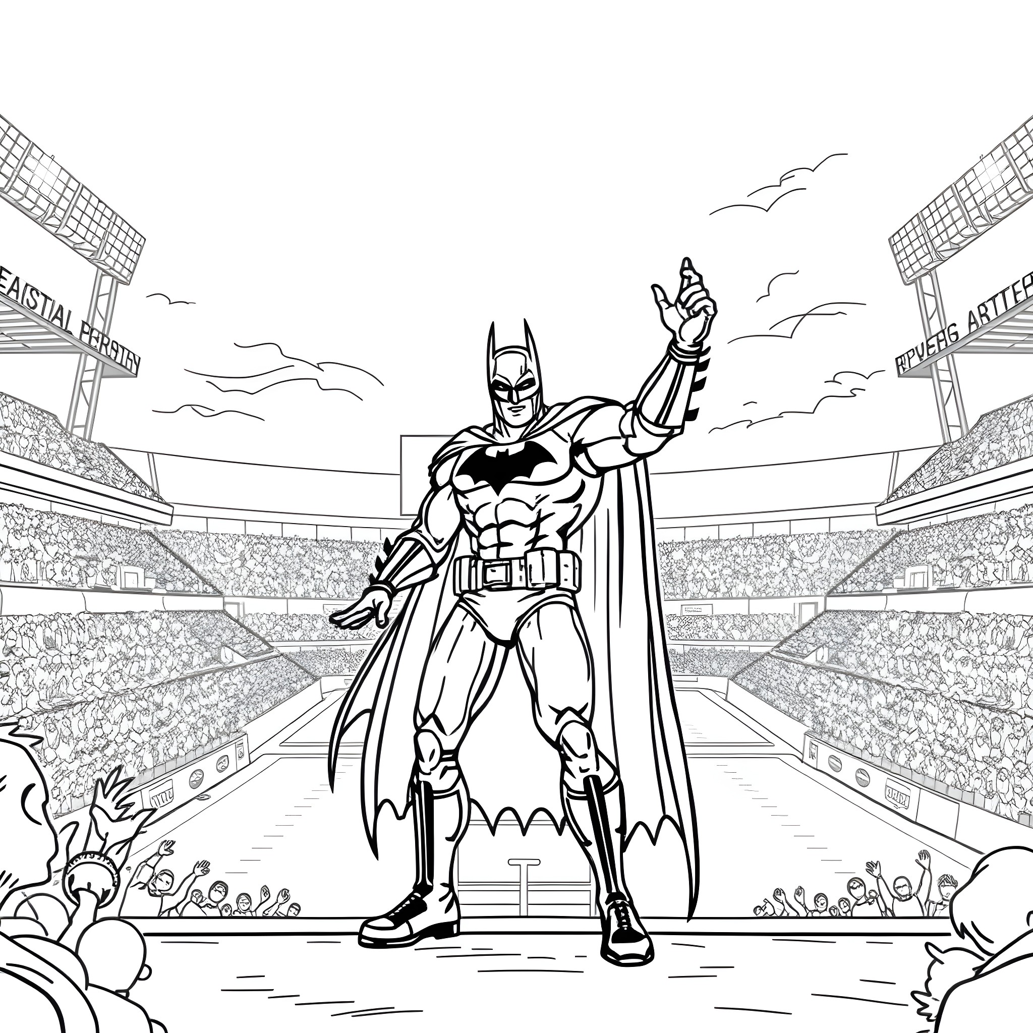 Batman Standing Heroically in the Stadium Coloring Page (free black-and-white line drawing printable PDF for all, from beginners to advanced learners, including children, teens, adults, and seniors)