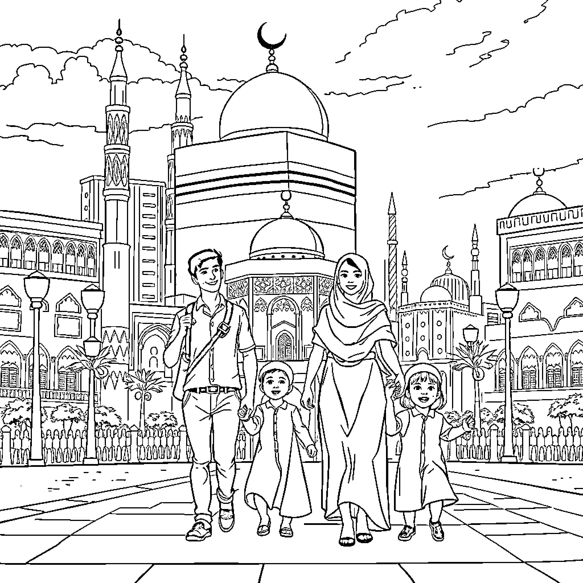 Family in traditional attire visiting ornate mosque Coloring Page (free black-and-white line drawing printable PDF for all, from beginners to advanced learners, including children, teens, adults, and seniors)