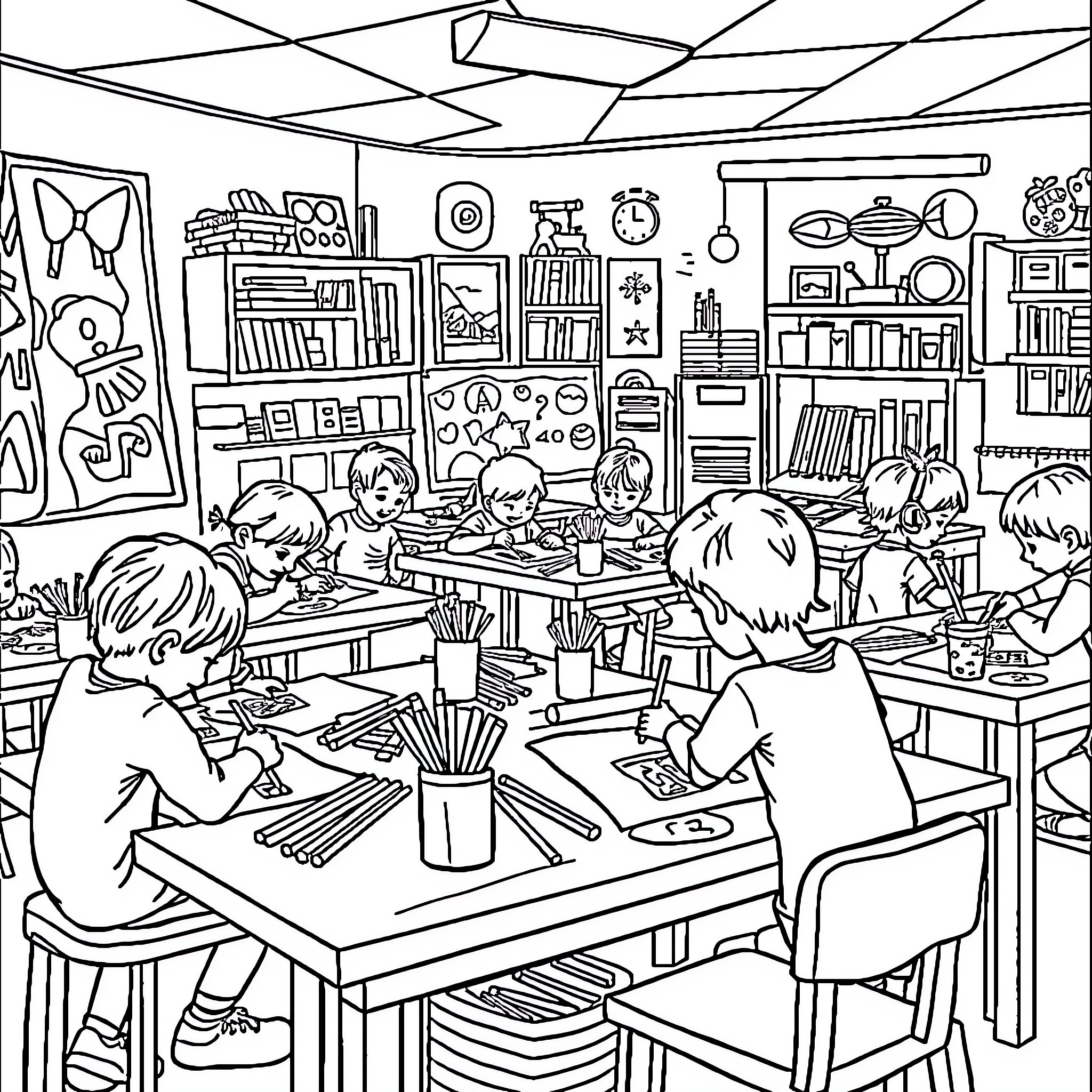 Kid's Lively Art Class in a Cozy Classroom Coloring Page (free black-and-white line drawing printable PDF for all, from beginners to advanced learners, including children, teens, adults, and seniors)