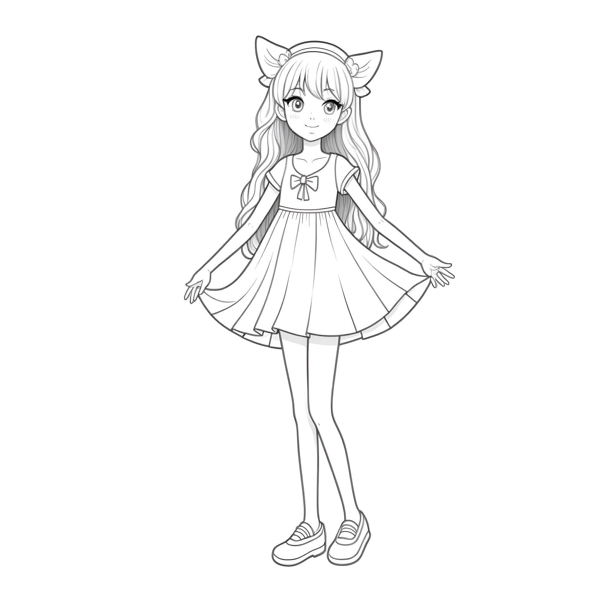 Girl in cute anime-style dress with cat ears Coloring Page (free black-and-white line drawing printable PDF for all, from beginners to advanced learners, including children, teens, adults, and seniors)