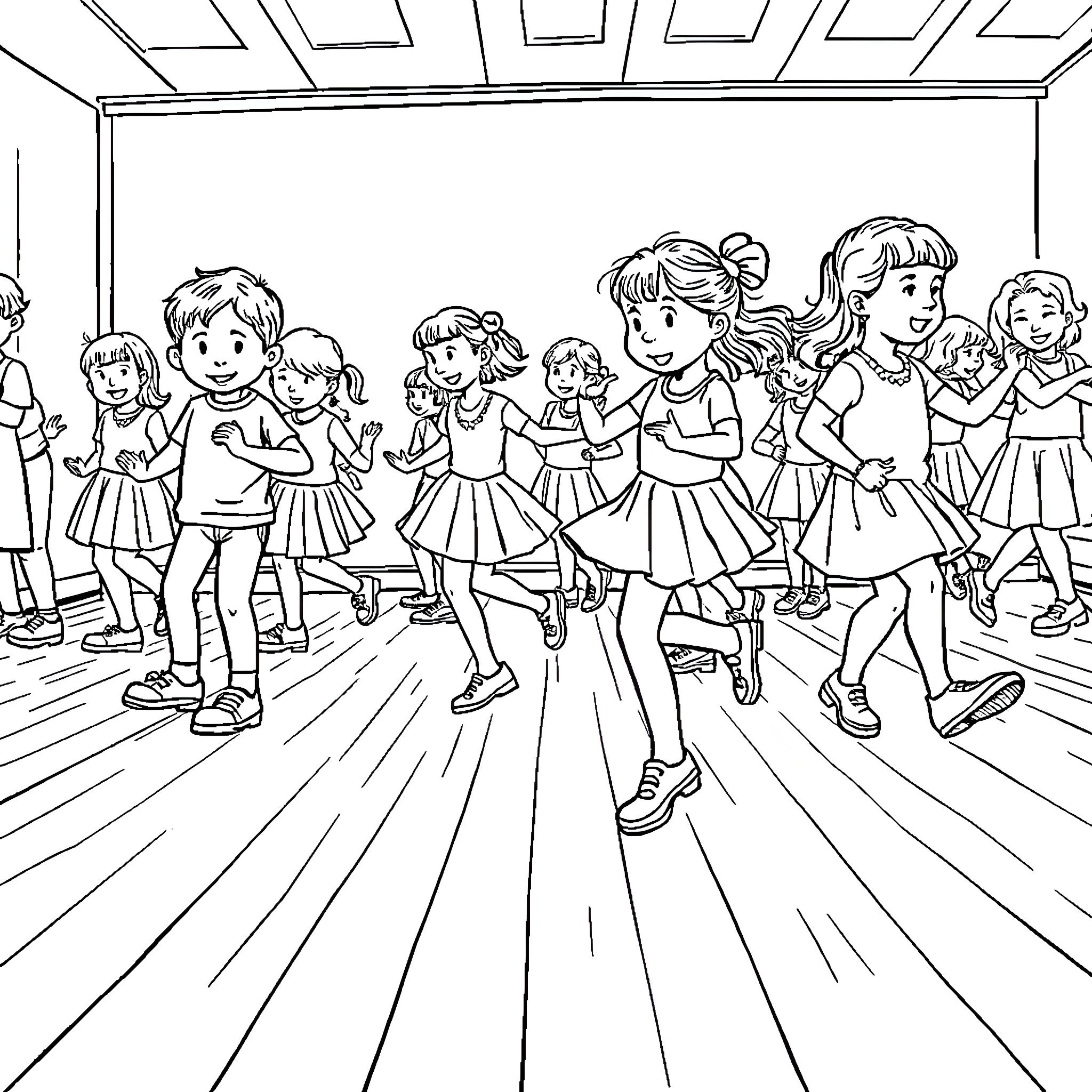 Children Performing in Dance Recital Coloring Page (free black-and-white line drawing printable PDF for all, from beginners to advanced learners, including children, teens, adults, and seniors)
