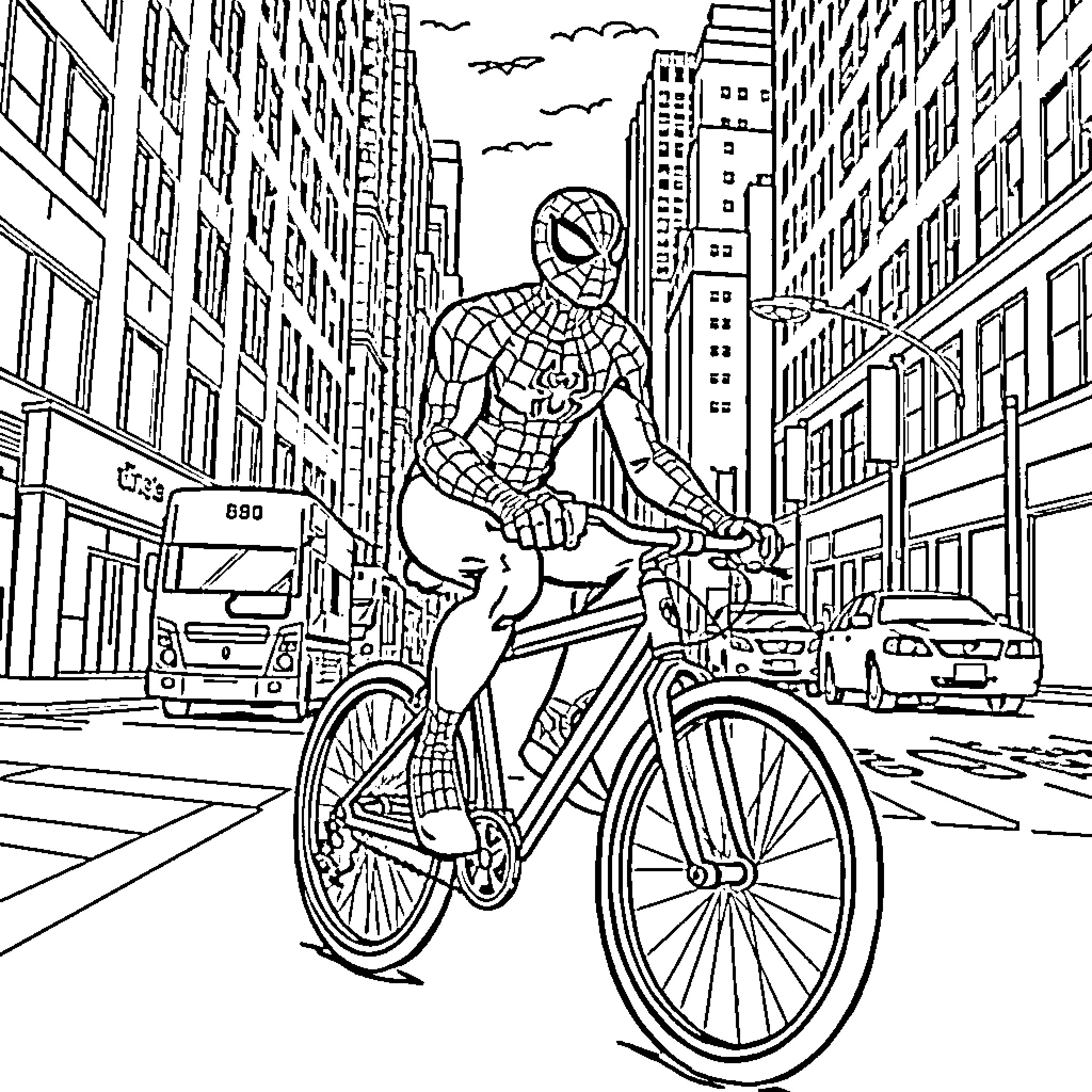 Spiderman riding a bicycle through the city streets Coloring Page (free black-and-white line drawing printable PDF for all, from beginners to advanced learners, including children, teens, adults, and seniors)
