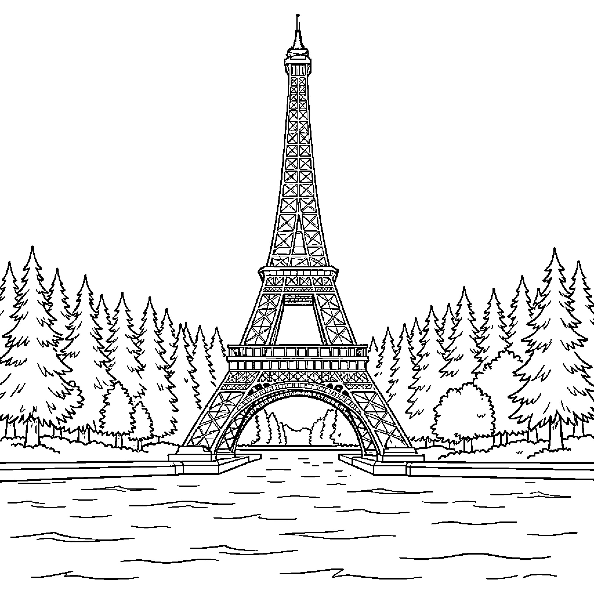 Eiffel Tower standing amidst a lush forest landscape Coloring Page (free black-and-white line drawing printable PDF for all, from beginners to advanced learners, including children, teens, adults, and seniors)