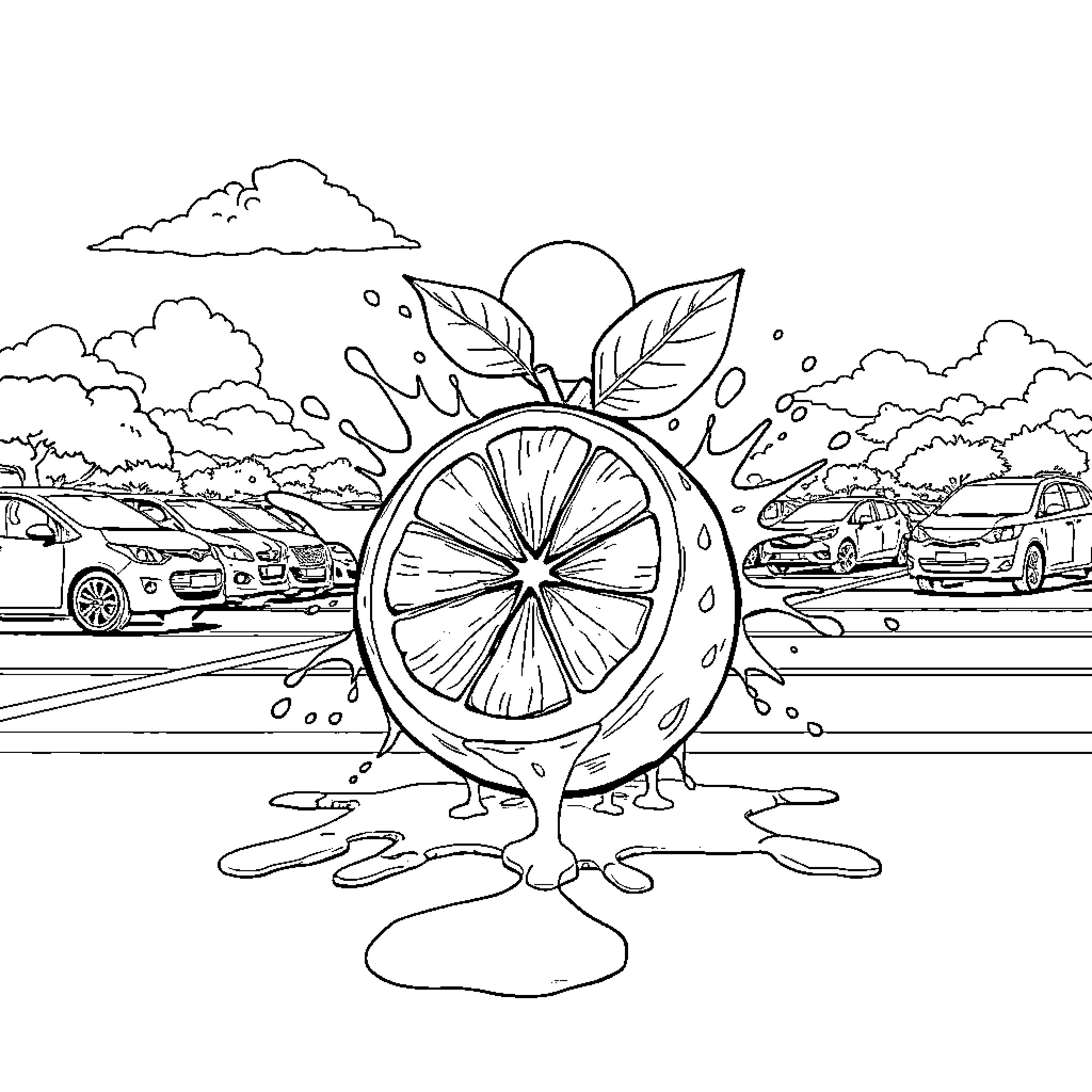 Lemon Vehicles and Scenery in Artistic Illustration Coloring Page (free black-and-white line drawing printable PDF for all, from beginners to advanced learners, including children, teens, adults, and seniors)