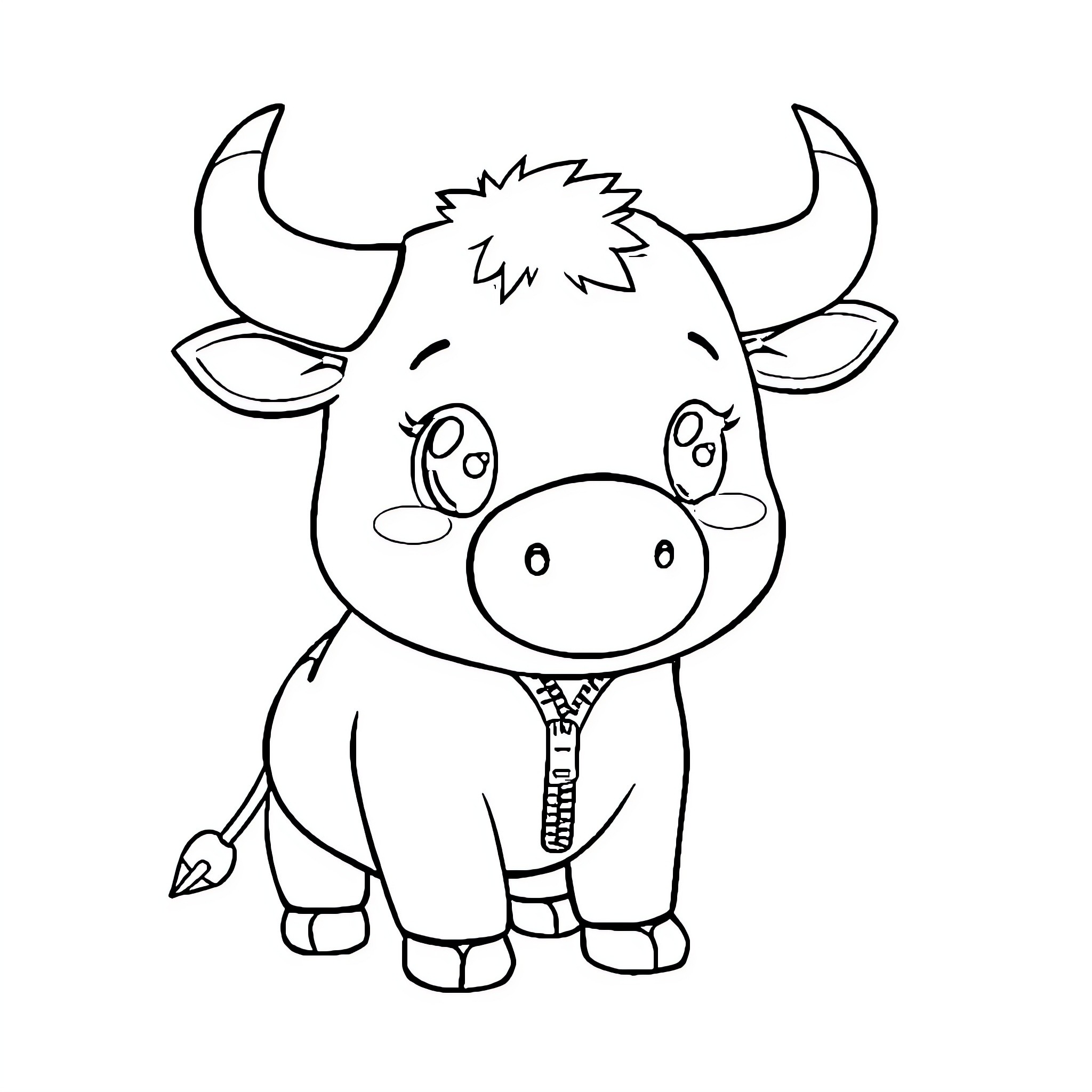 Bull with cute and friendly expression Coloring Page (free black-and-white line drawing printable PDF for all, from beginners to advanced learners, including children, teens, adults, and seniors)