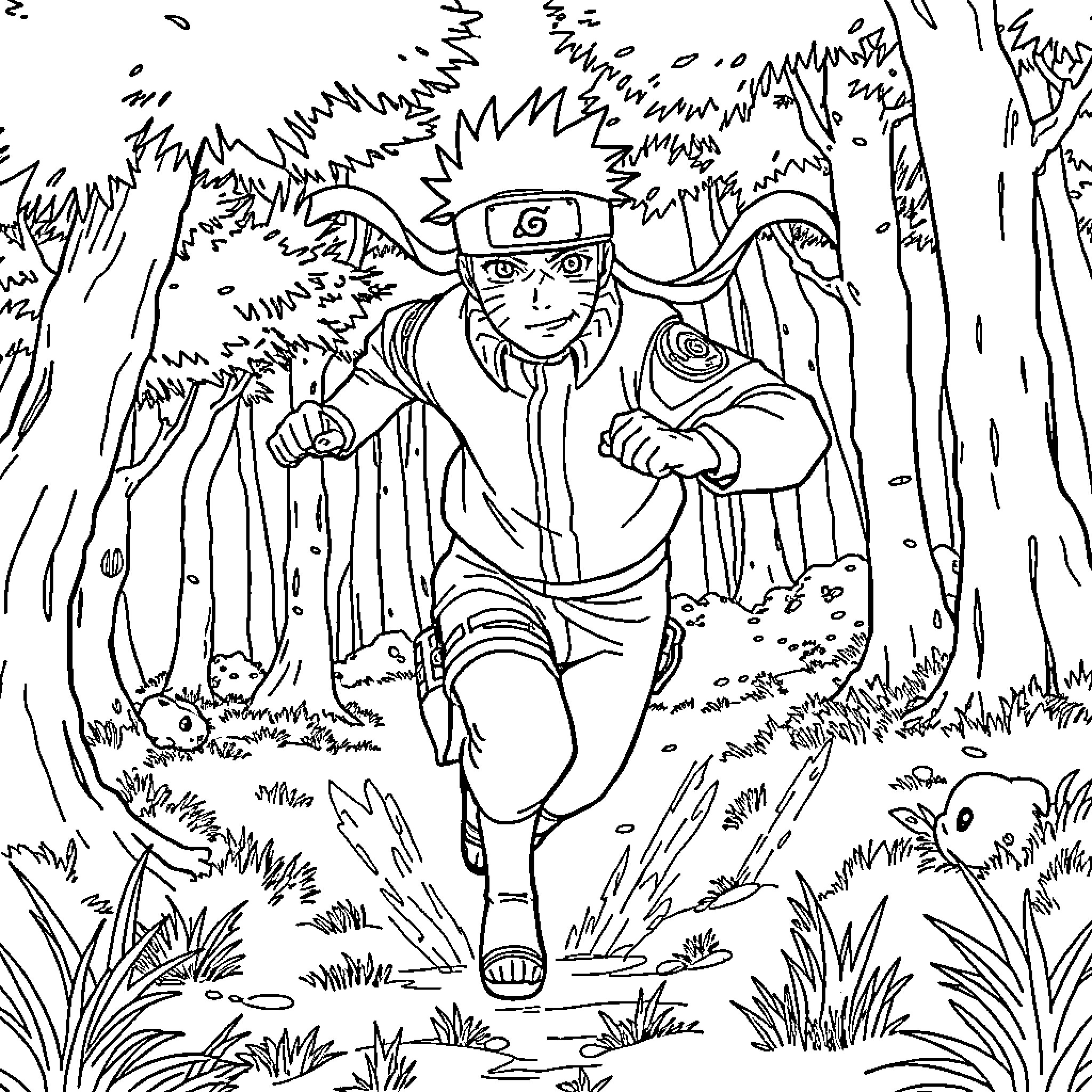 Naruto rushing through the forest on a mission Coloring Page (free black-and-white line drawing printable PDF for all, from beginners to advanced learners, including children, teens, adults, and seniors)