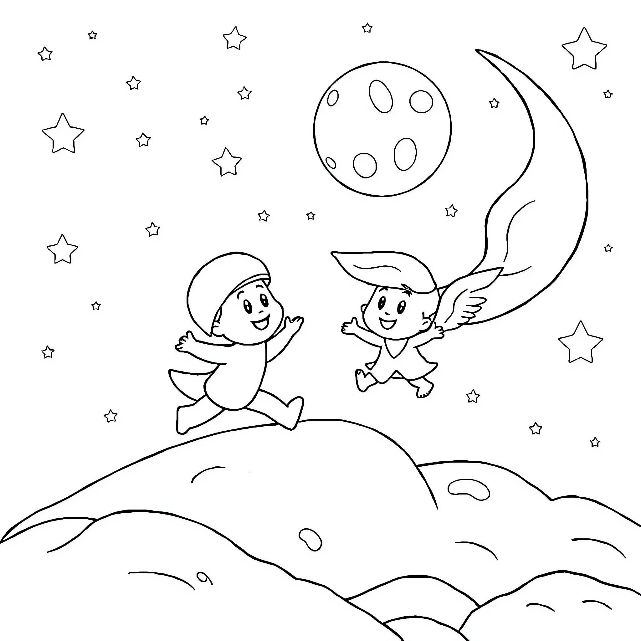 Pocoyo and friend explore the starry night sky Coloring Page (free black-and-white line drawing printable PDF for all, from beginners to advanced learners, including children, teens, adults, and seniors)