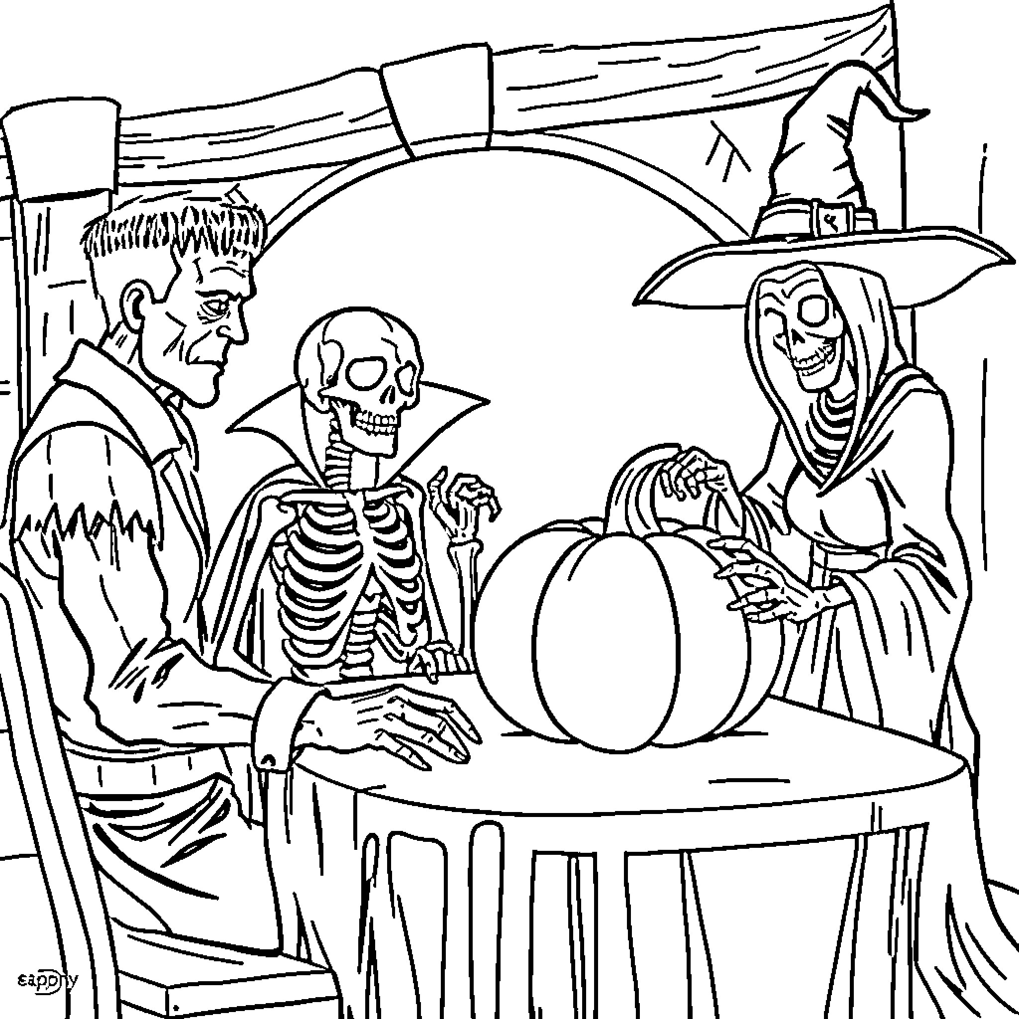 Halloween Characters Celebrating with Pumpkin Coloring Page (free black-and-white line drawing printable PDF for all, from beginners to advanced learners, including children, teens, adults, and seniors)