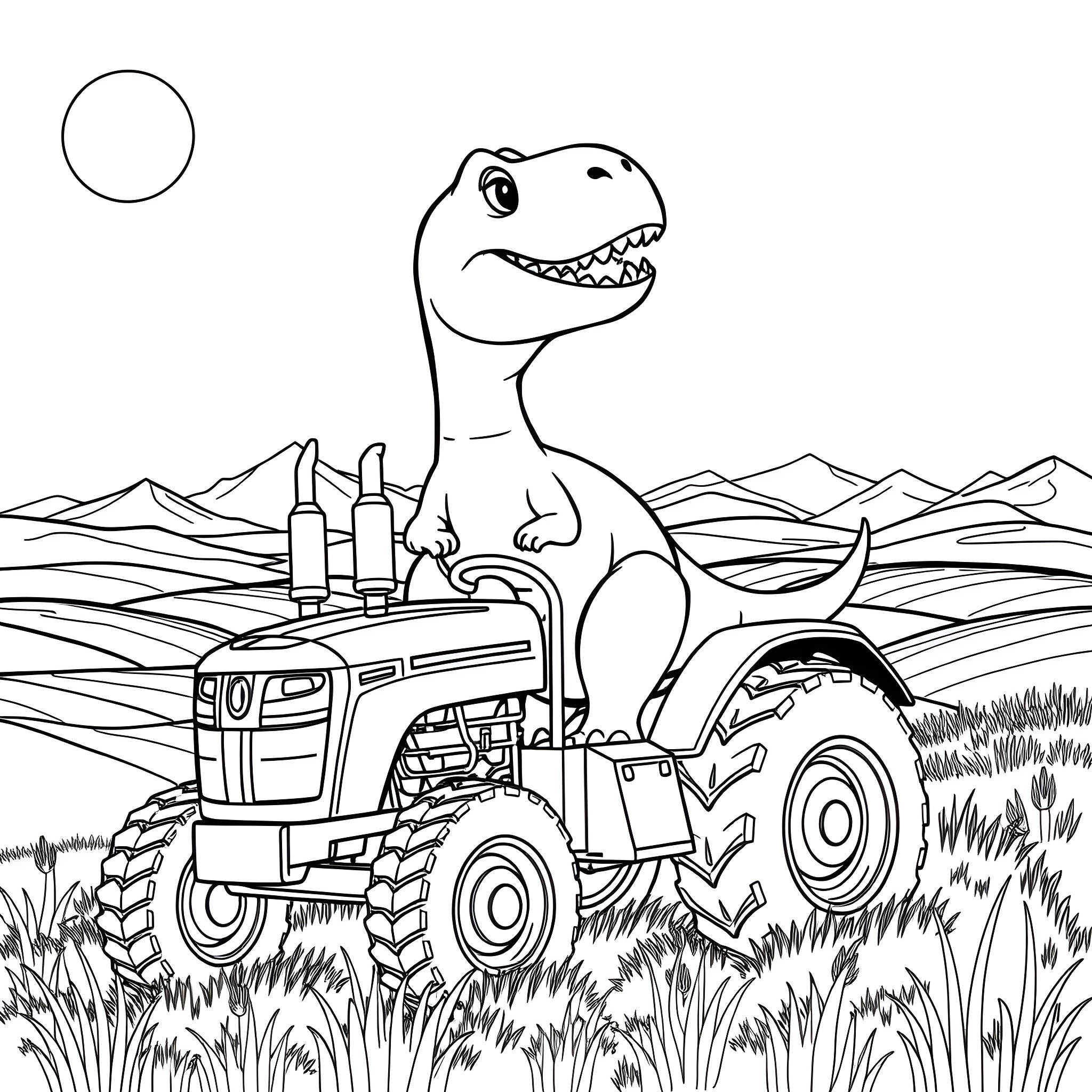 Dinosaur driving a tractor through the countryside Coloring Page (free black-and-white line drawing printable PDF for all, from beginners to advanced learners, including children, teens, adults, and seniors)