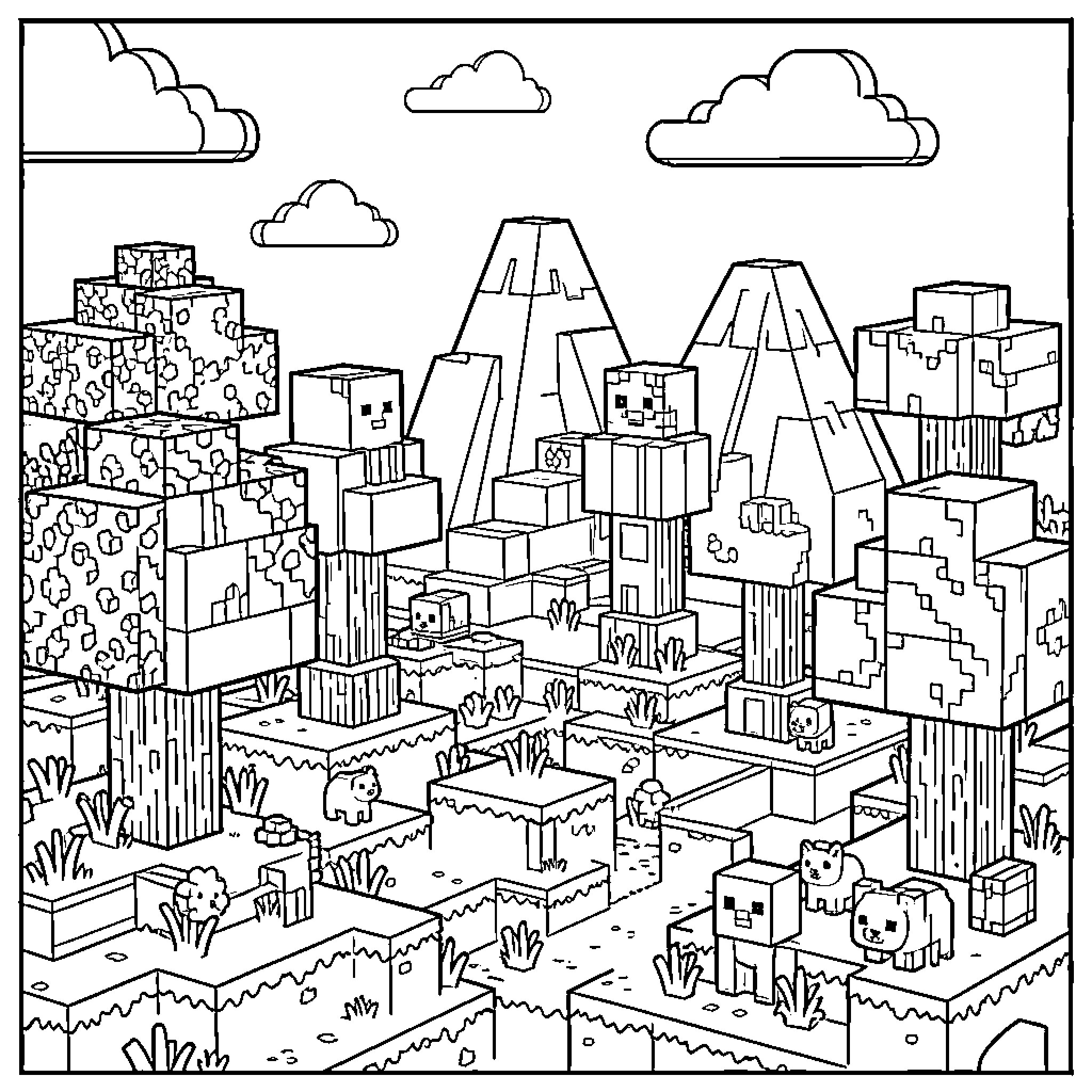 Minecraft Blocks in a Bustling Urban Landscape Coloring Page (free black-and-white line drawing printable PDF for all, from beginners to advanced learners, including children, teens, adults, and seniors)