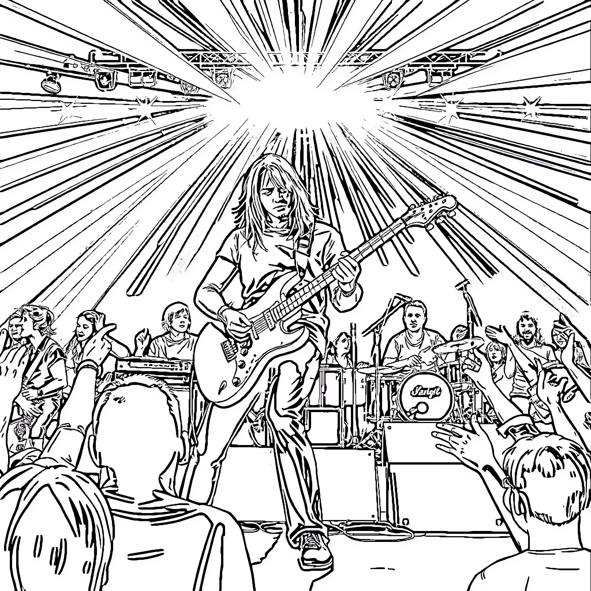 Kurt Cobain performing on stage with band and crowd Coloring Page (free black-and-white line drawing printable PDF for all, from beginners to advanced learners, including children, teens, adults, and seniors)