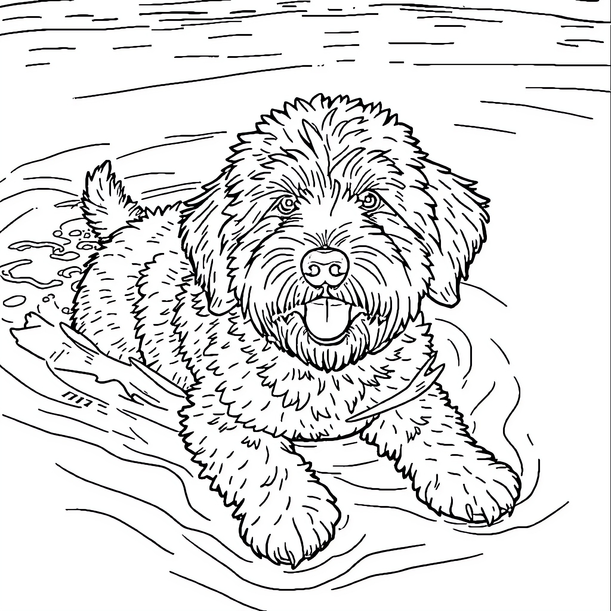 Labradoodle playing happily in the water Coloring Page (free black-and-white line drawing printable PDF for all, from beginners to advanced learners, including children, teens, adults, and seniors)