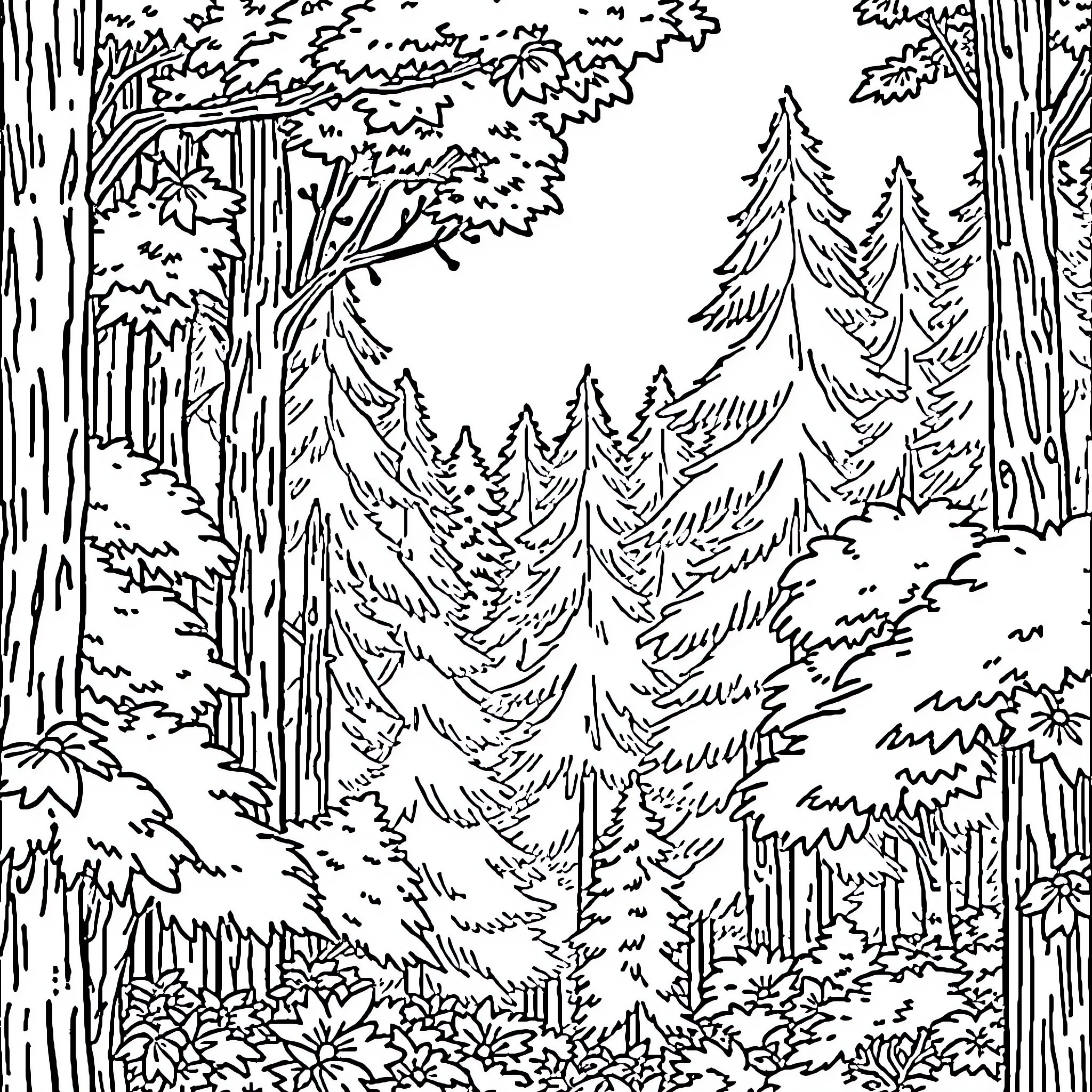 Forest Scene with Foliage and Trees Coloring Page (free black-and-white line drawing printable PDF for all, from beginners to advanced learners, including children, teens, adults, and seniors)
