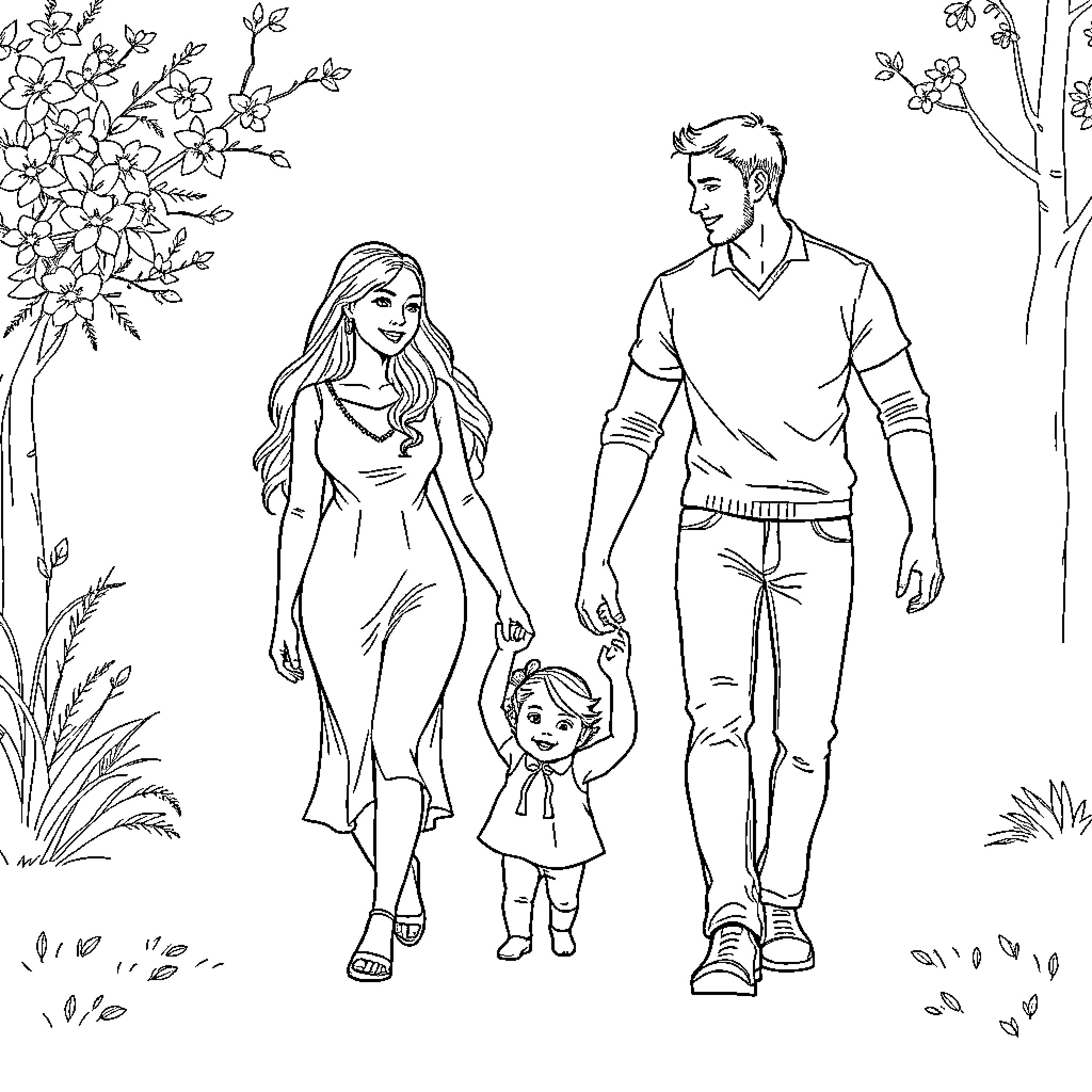 Family Strolling in Nature Filled With Blooming Flowers Coloring Page (free black-and-white line drawing printable PDF for all, from beginners to advanced learners, including children, teens, adults, and seniors)