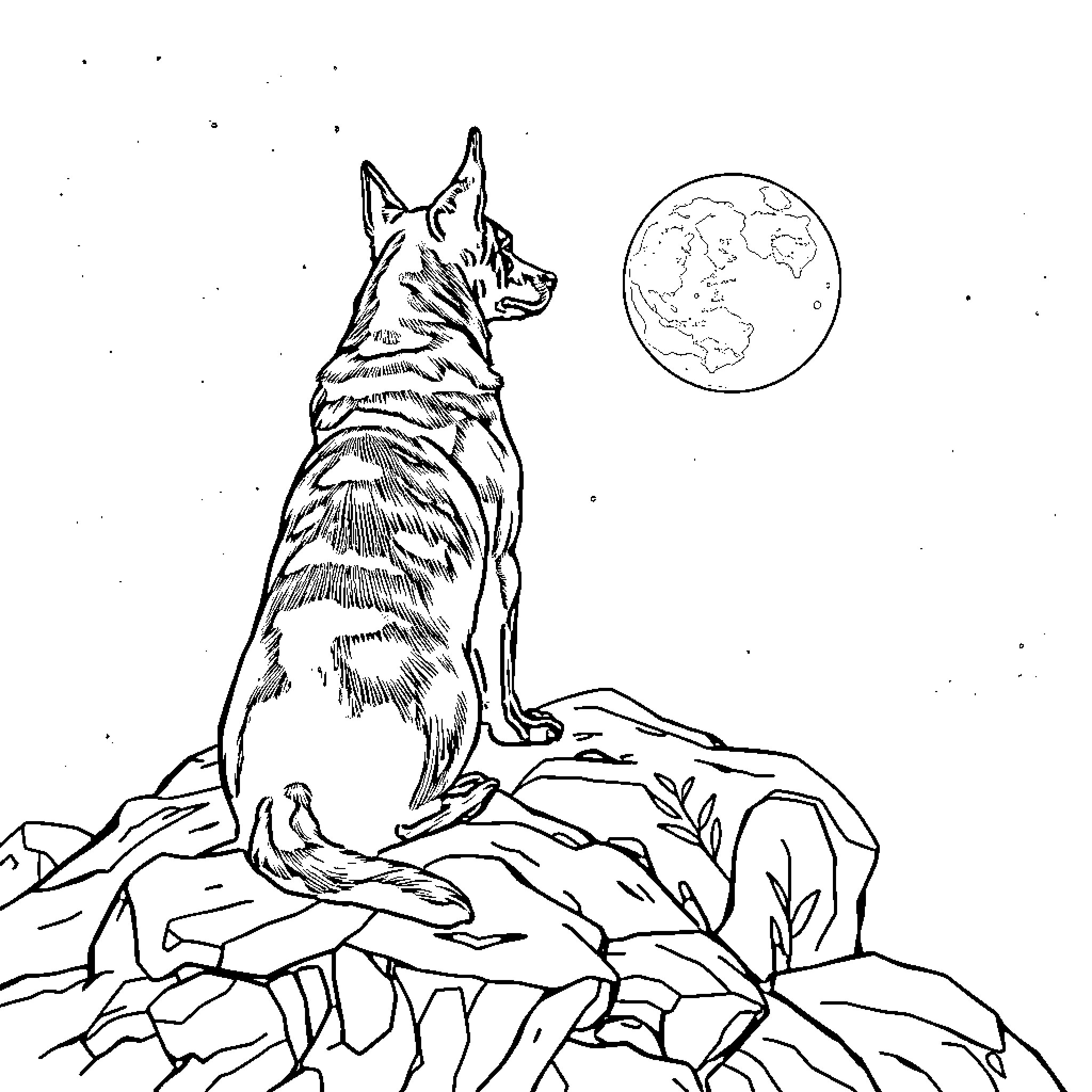 Belgium Malinois Gazing at the Moon Coloring Page (free black-and-white line drawing printable PDF for all, from beginners to advanced learners, including children, teens, adults, and seniors)