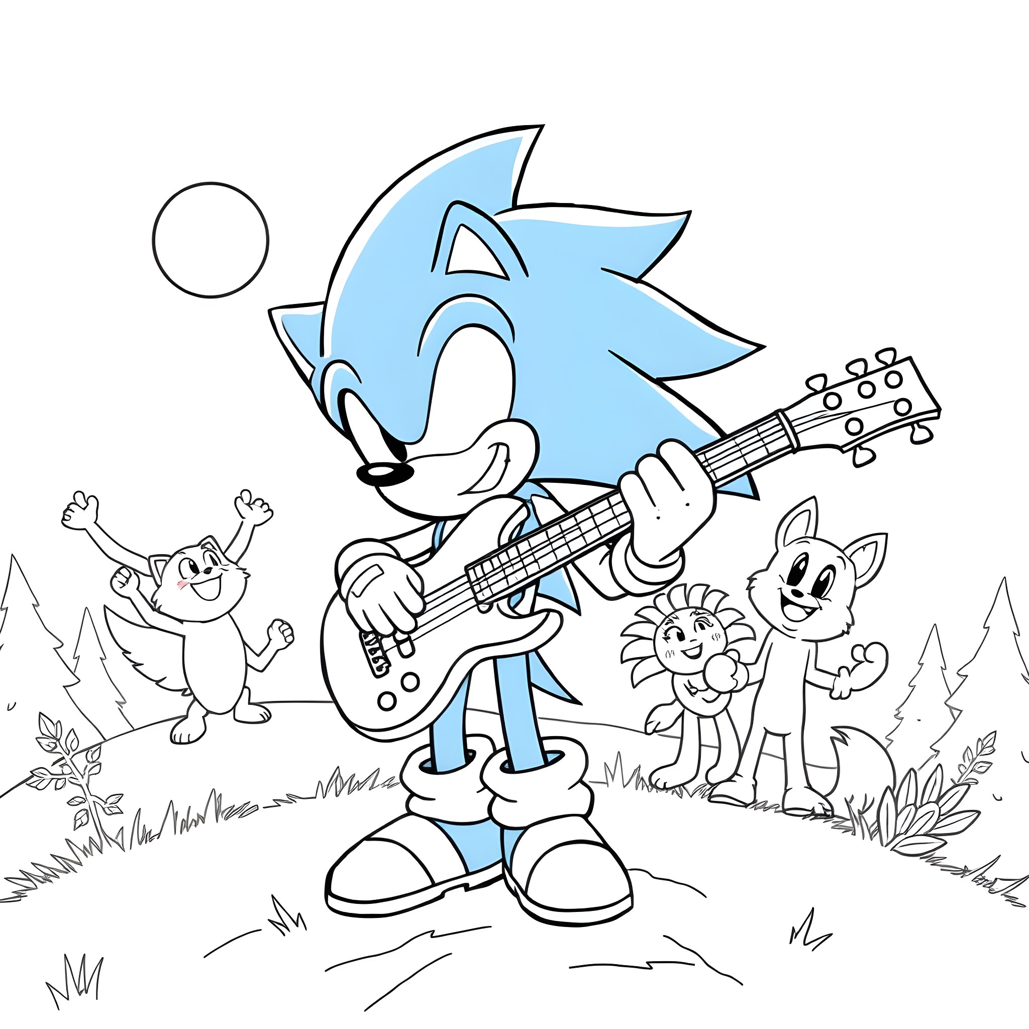 Sonic playing guitar with animal friends in nature Coloring Page (free black-and-white line drawing printable PDF for all, from beginners to advanced learners, including children, teens, adults, and seniors)